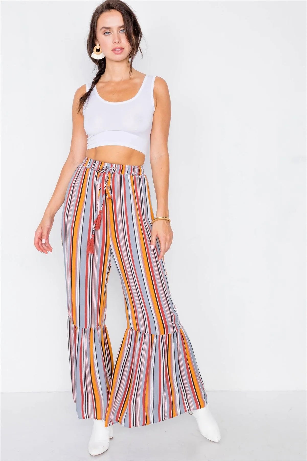 Mustard Multi Stipe Flare Ankle Pants /3-2-1 - Tasha Apparel Wholesale