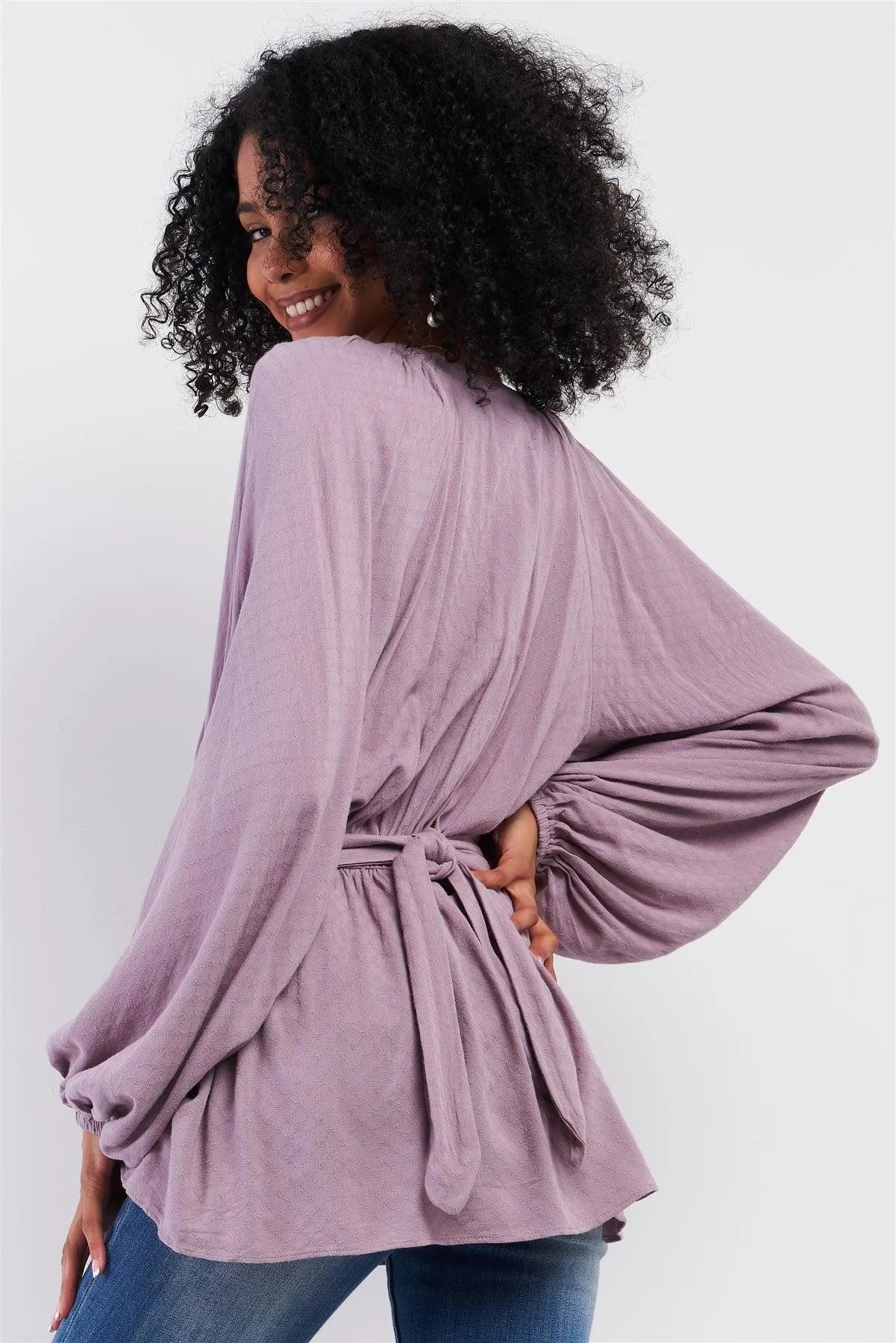 Lilac V-Neck Button Down Long Sleeve Self-Tie Waistline Detail Gathered Frill Trim Detail Top /3-2-1 - Tasha Apparel Wholesale