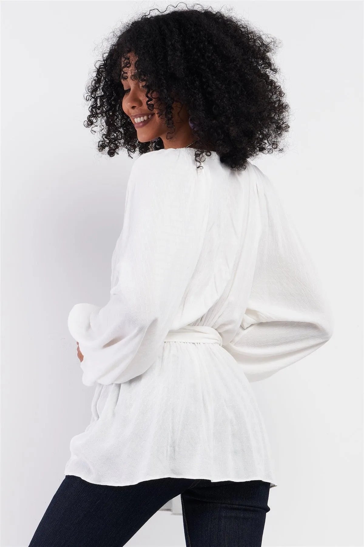 White V-Neck Button Down Long Sleeve Self-Tie Waistline Detail Gathered Frill Trim Detail Top /3-2-1 - Tasha Apparel Wholesale
