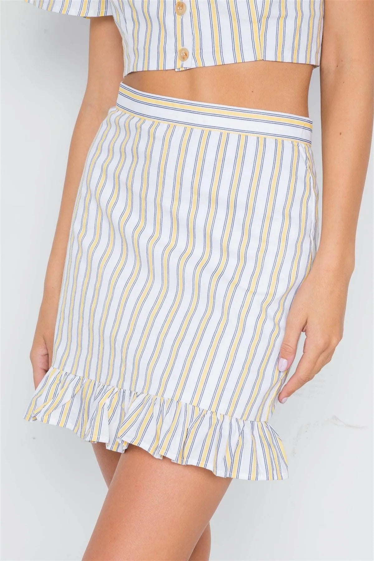 Yellow Navy Stripe High Waist Ruffle Hem Mini Skirt /3-2-1 - Tasha Apparel Wholesale
