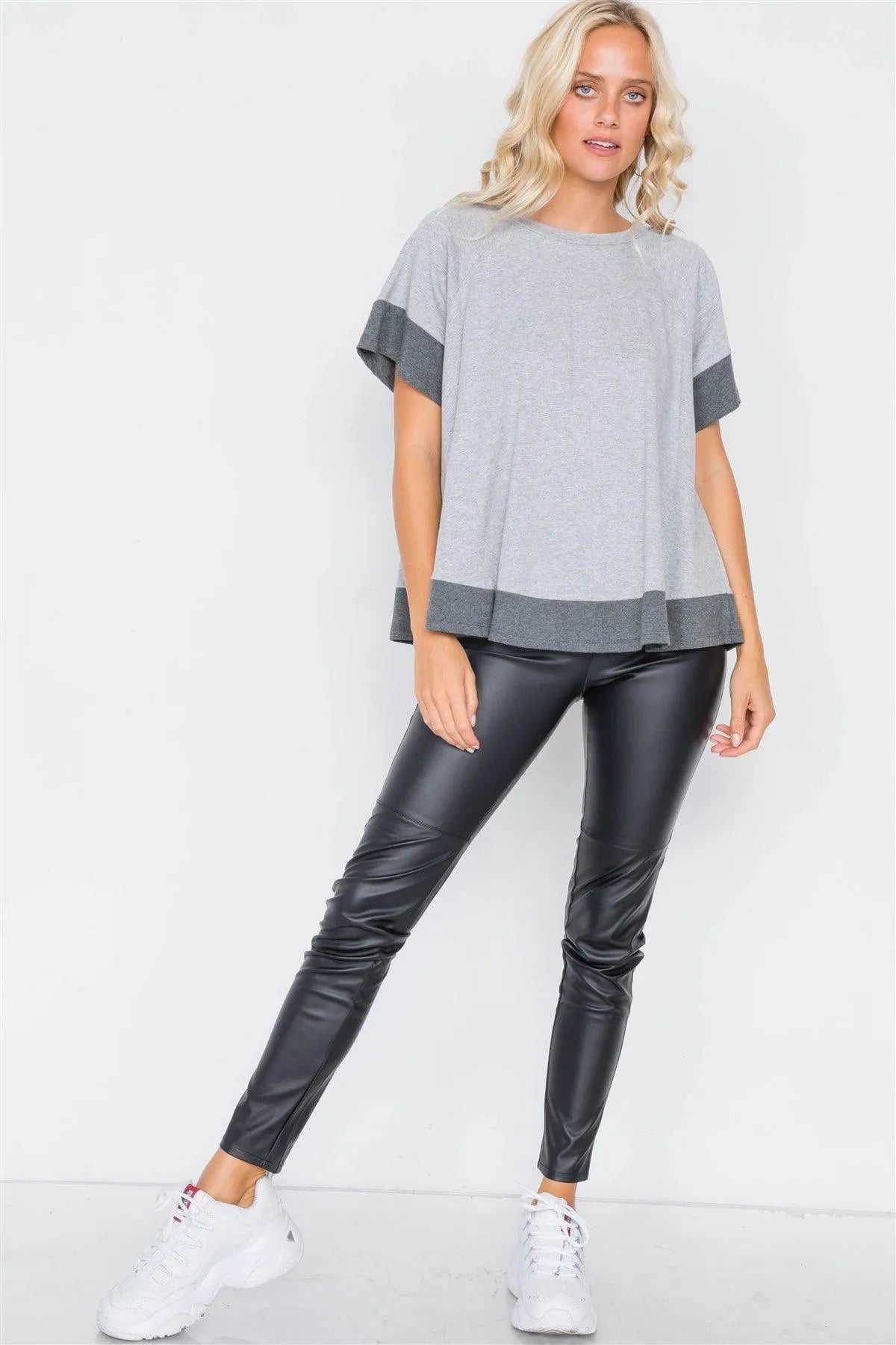 Grey Contrast Trim Flare Cotton Tee /3-2-1 - Tasha Apparel Wholesale