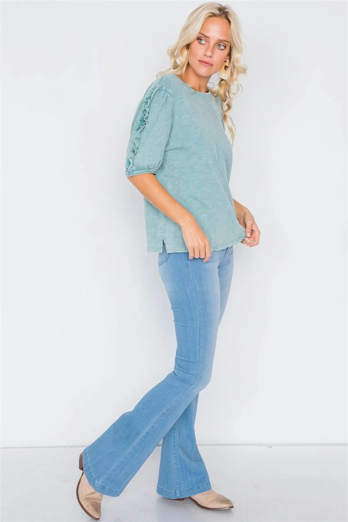 Sage Layered Raw Hem Flounce Trim Vintage Cotton Tee /3-2-1 - Tasha Apparel Wholesale