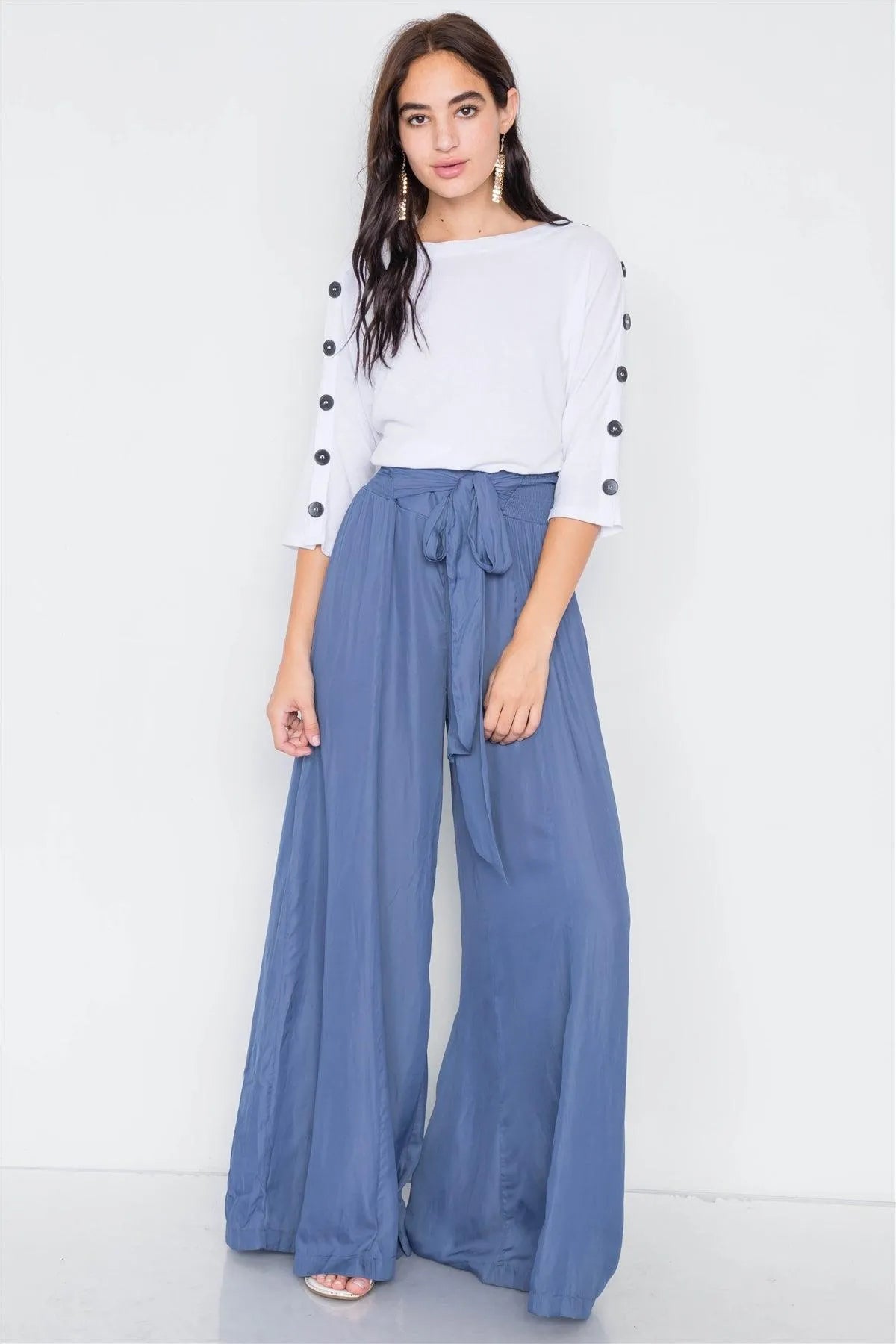 Satin Indian Blue Wide Flare Leg Hight-Waist Pants /3-2-1 - Tasha Apparel Wholesale