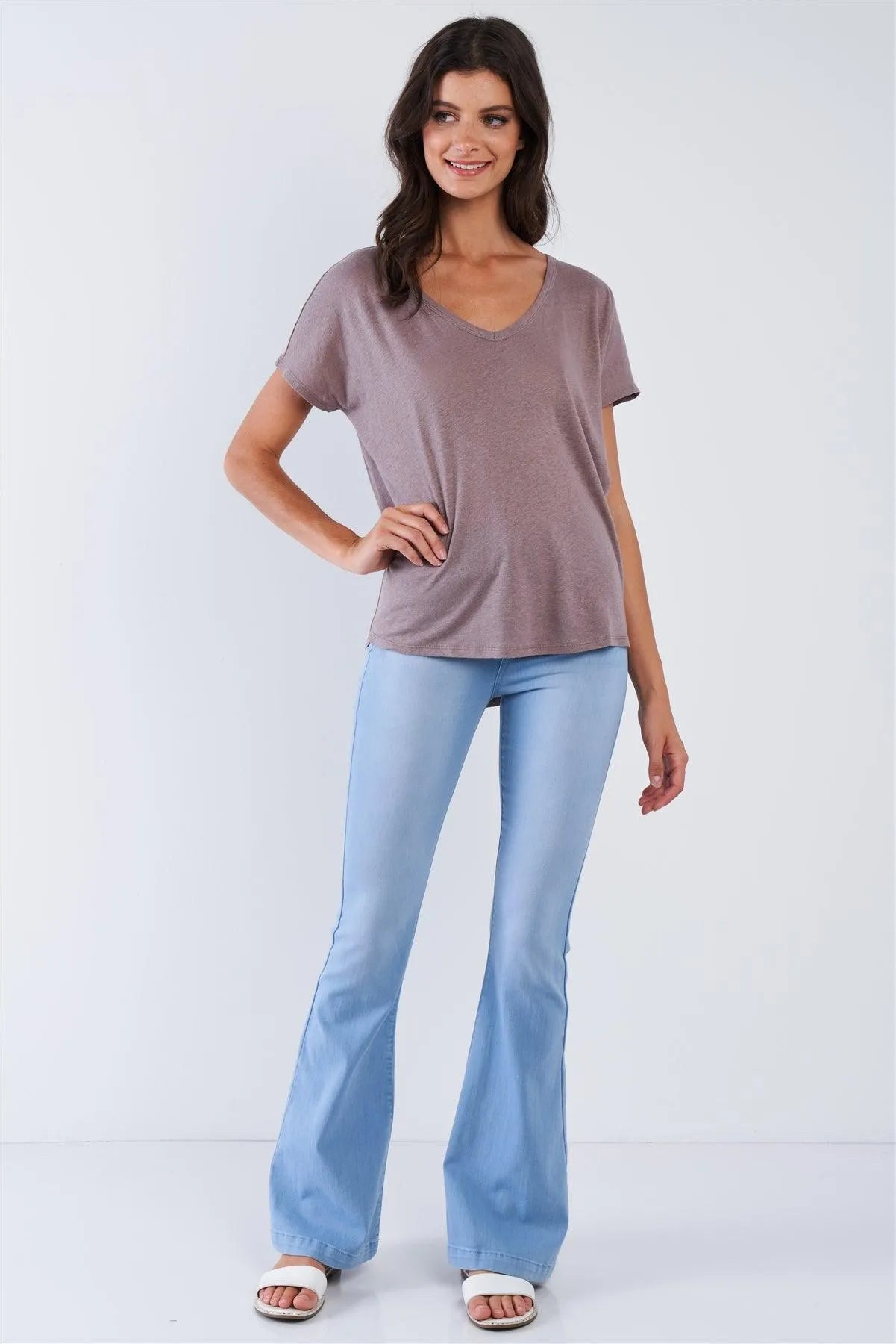 Mocha Shortsleeved Backside Cookie Cut Out V-Neck Loose Fitting Casual Top /3-2-1 - Tasha Apparel Wholesale