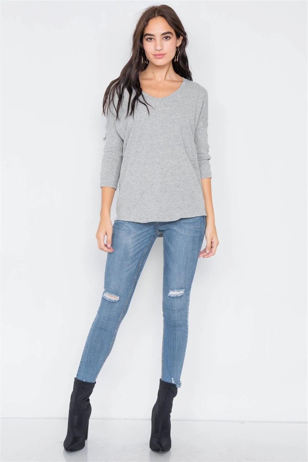 Heather Grey Drop Shoulder Braided Sleeve Round Hem Top /3-2-1 - Tasha Apparel Wholesale