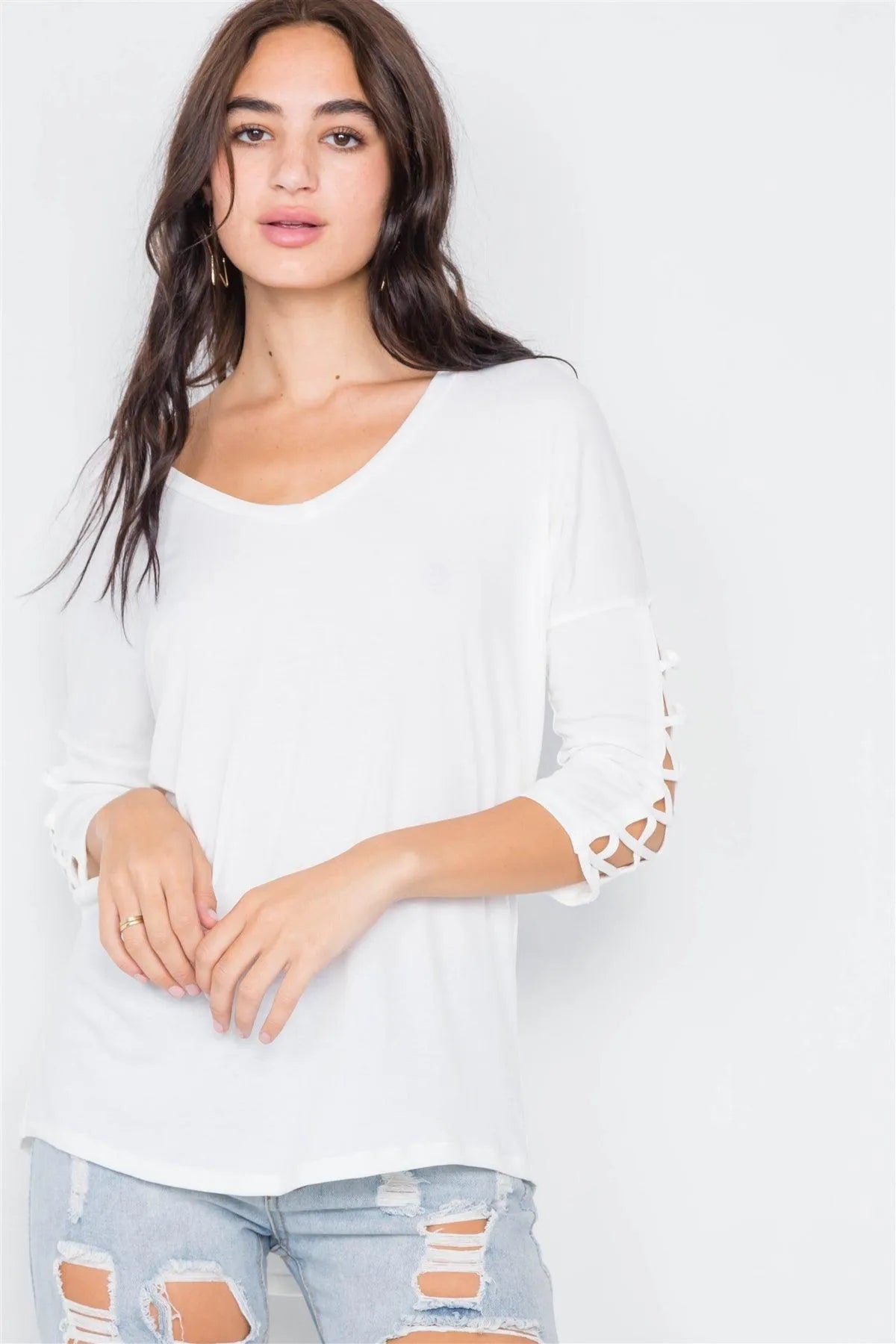 White Drop Shoulder Braided Sleeve Round Hem Top /3-2-1 - Tasha Apparel Wholesale