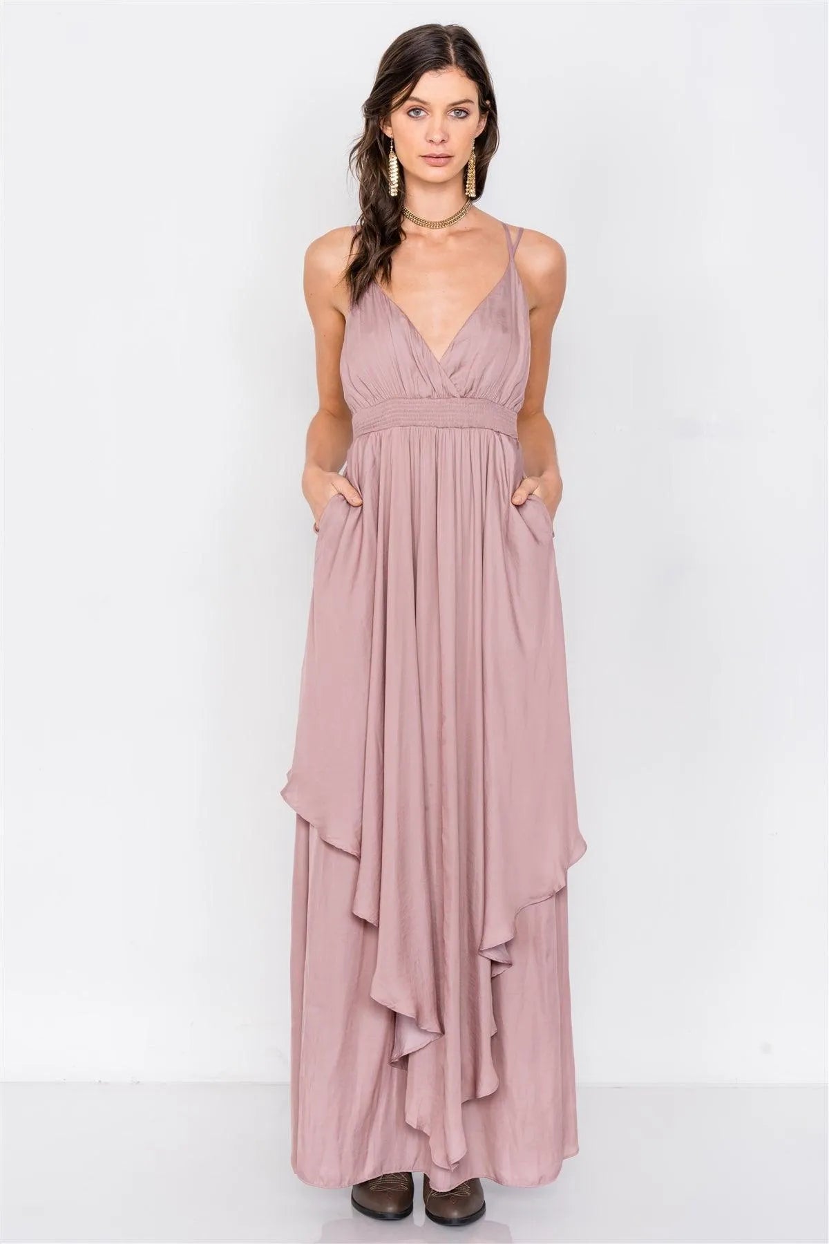 Dusty Mauve Criss Cross Cami Straps V-Neck Maxi Dress /3-2-1 - Tasha Apparel Wholesale