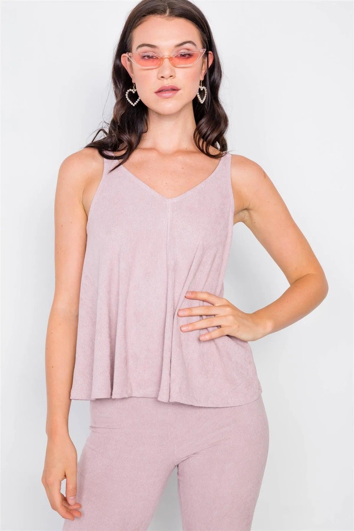 Dusty Rose Suede Corduroy V-Neck Loose Top & High-Waisted Flare Plant Set /3-2-1 - Tasha Apparel Wholesale