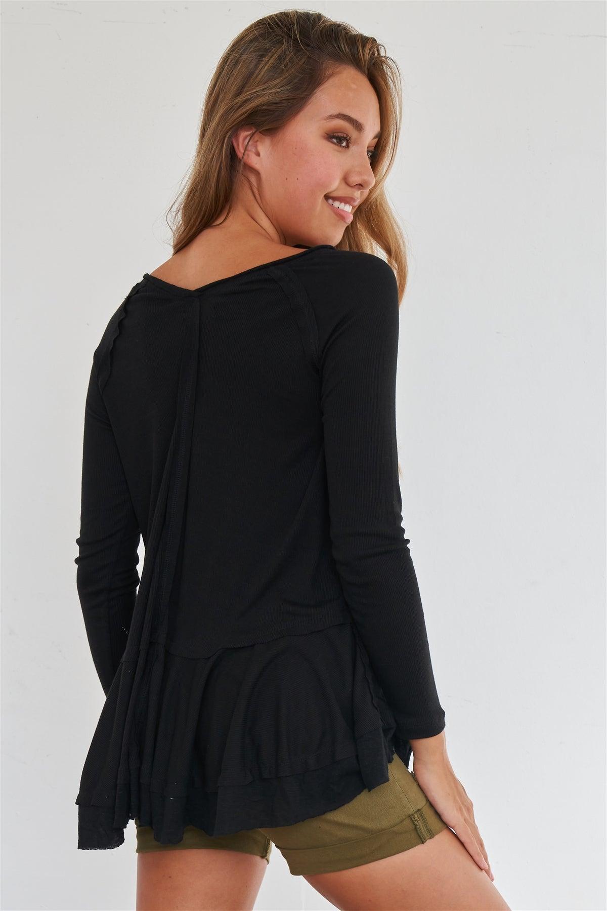 Black Long Sleeve Relaxed Fit Babydoll Knit Top