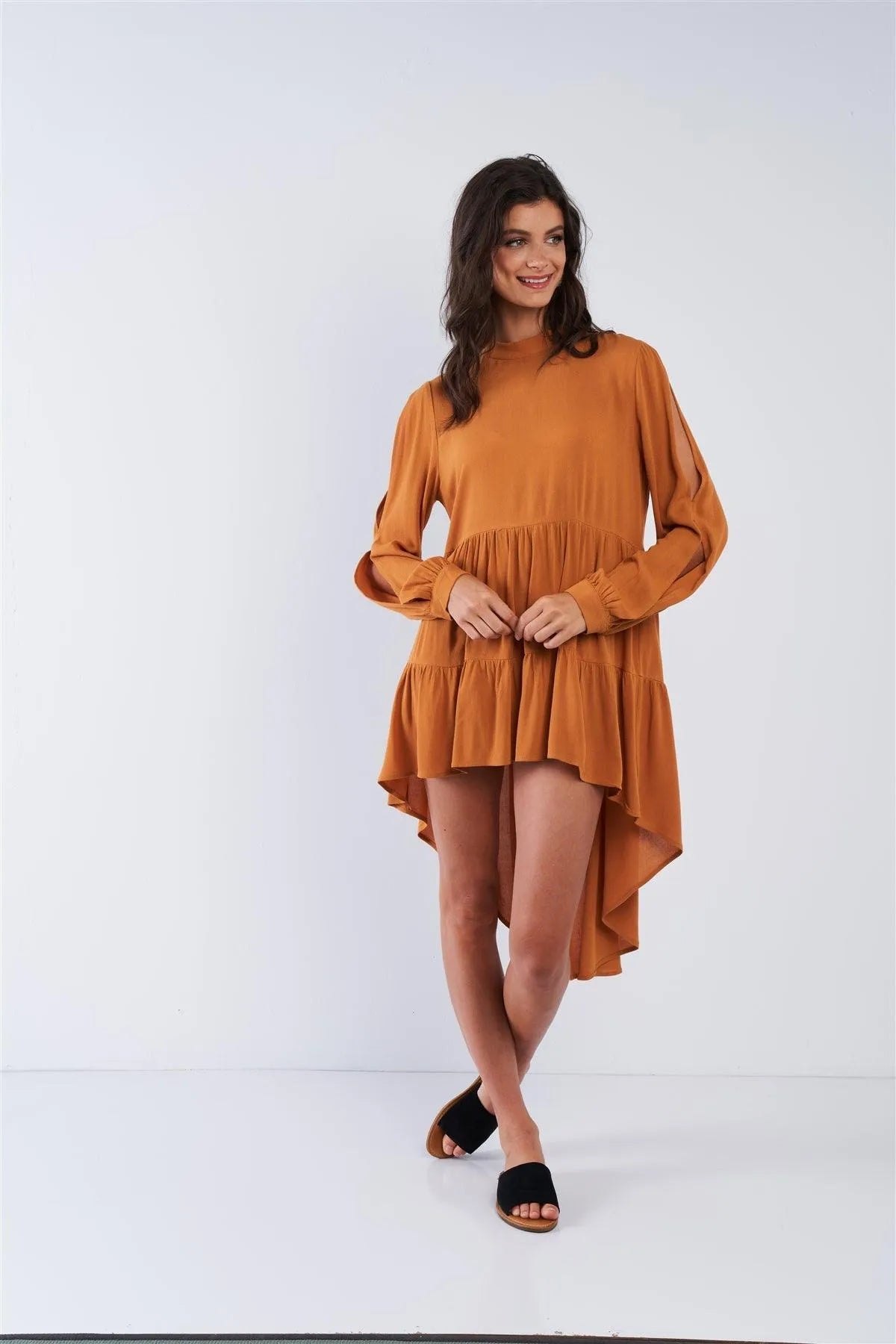 Deep Honey Long Cuffed Sleeve Cold Shoulder Teared High Low Keyhole Closure Dress /3-2-1 - Tasha Apparel Wholesale