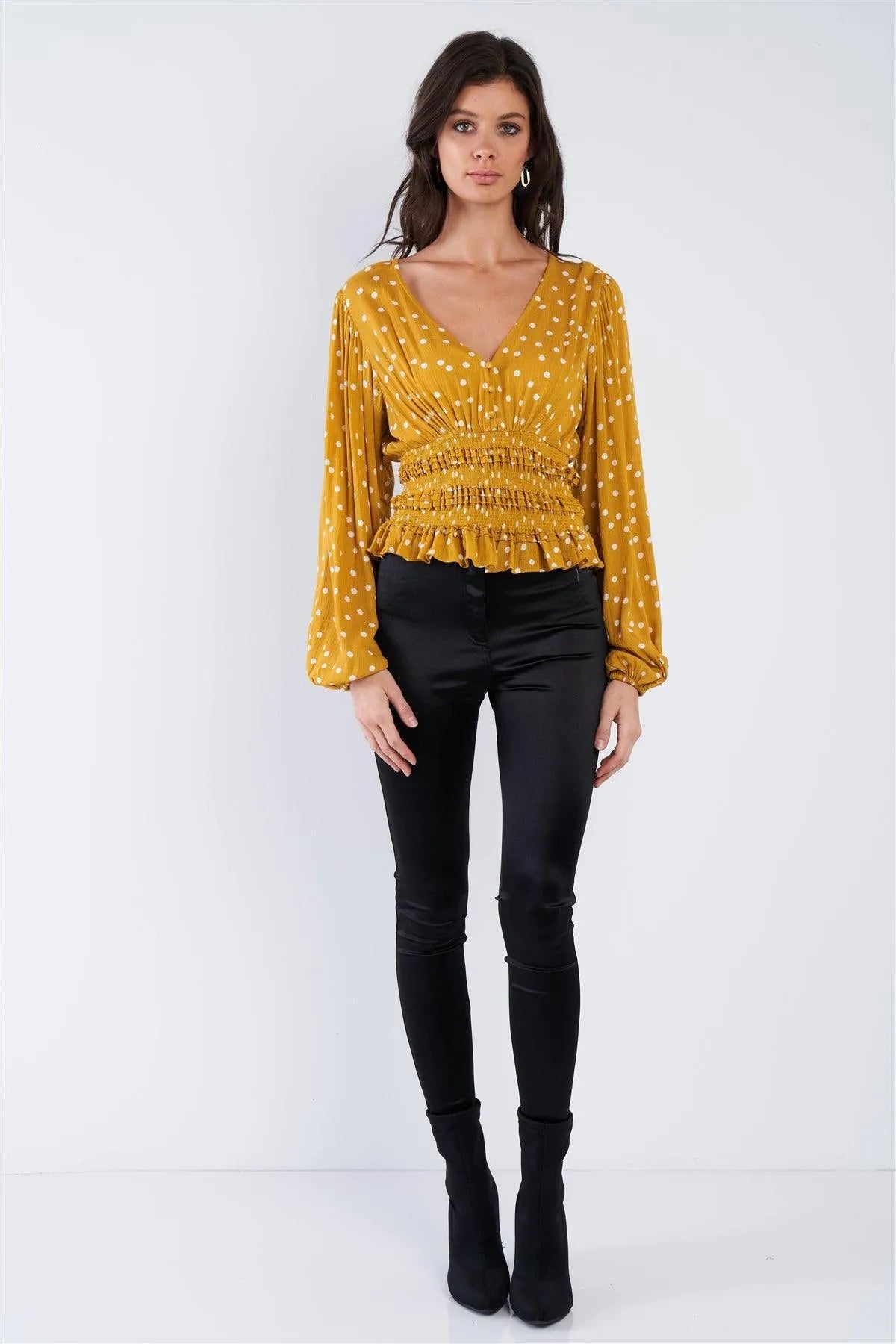 Mustard Yellow & White Frill Hem V-Neck Full Puff Sleeve Top /3-2-1 - Tasha Apparel Wholesale