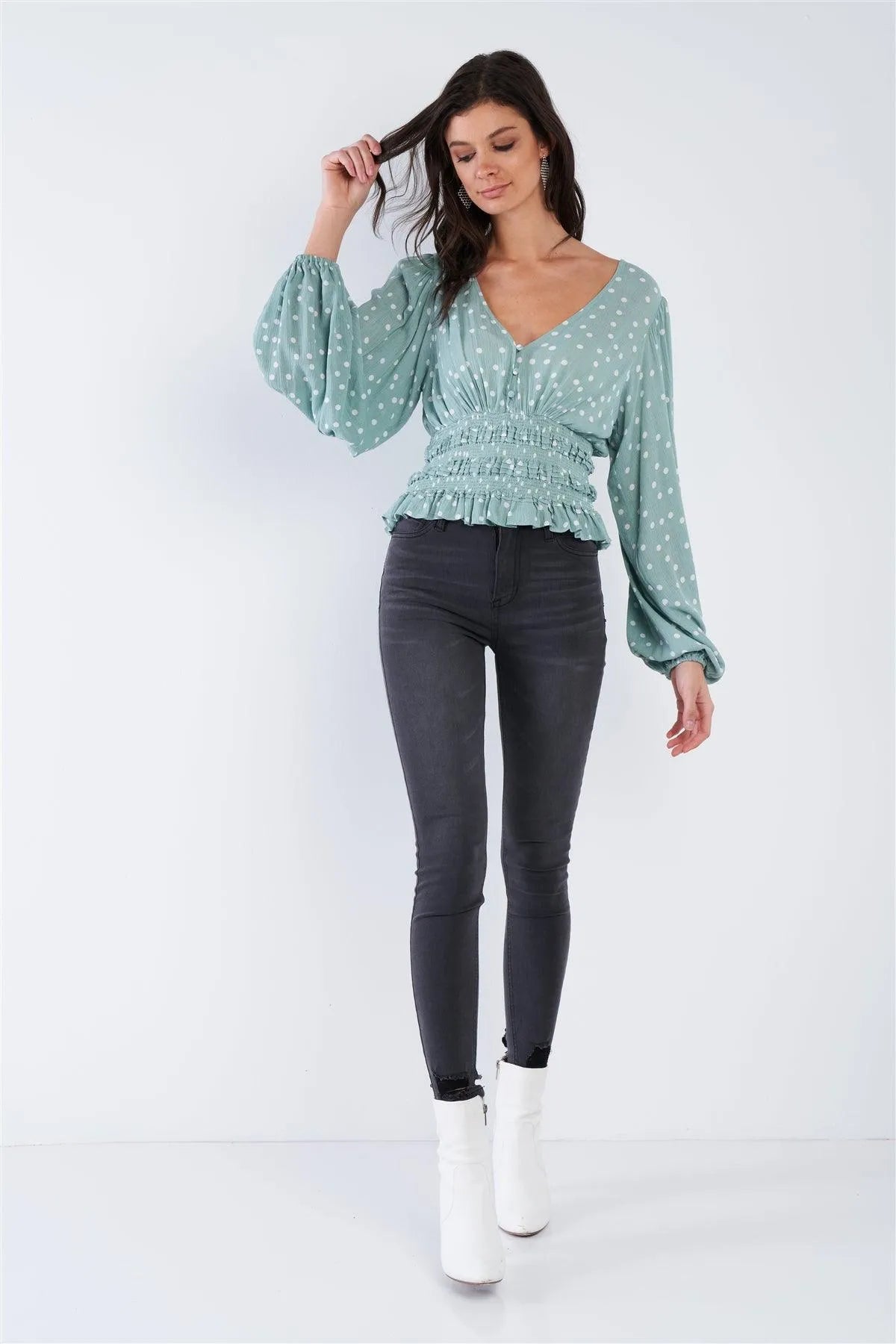 Sage Green & White Frill Hem V-Neck Full Puff Sleeve Top /3-2-1 - Tasha Apparel Wholesale