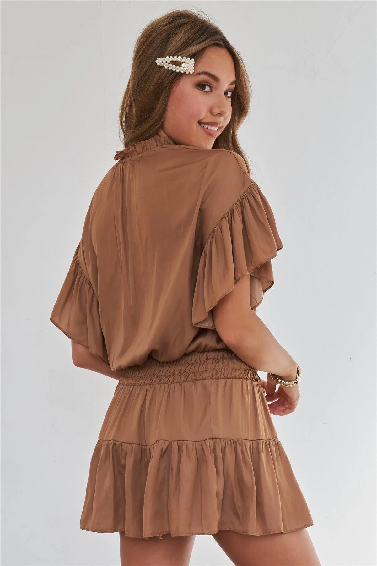 Straw Brown Neck Tie Short Flutter Sleeve Teared Skirt Smocking Dress /3-2-1 - Tasha Apparel Wholesale
