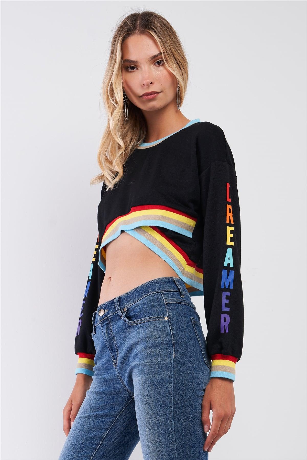 Dreamer Black & Rainbow Asymmetrical Long Sleeve Crop Top