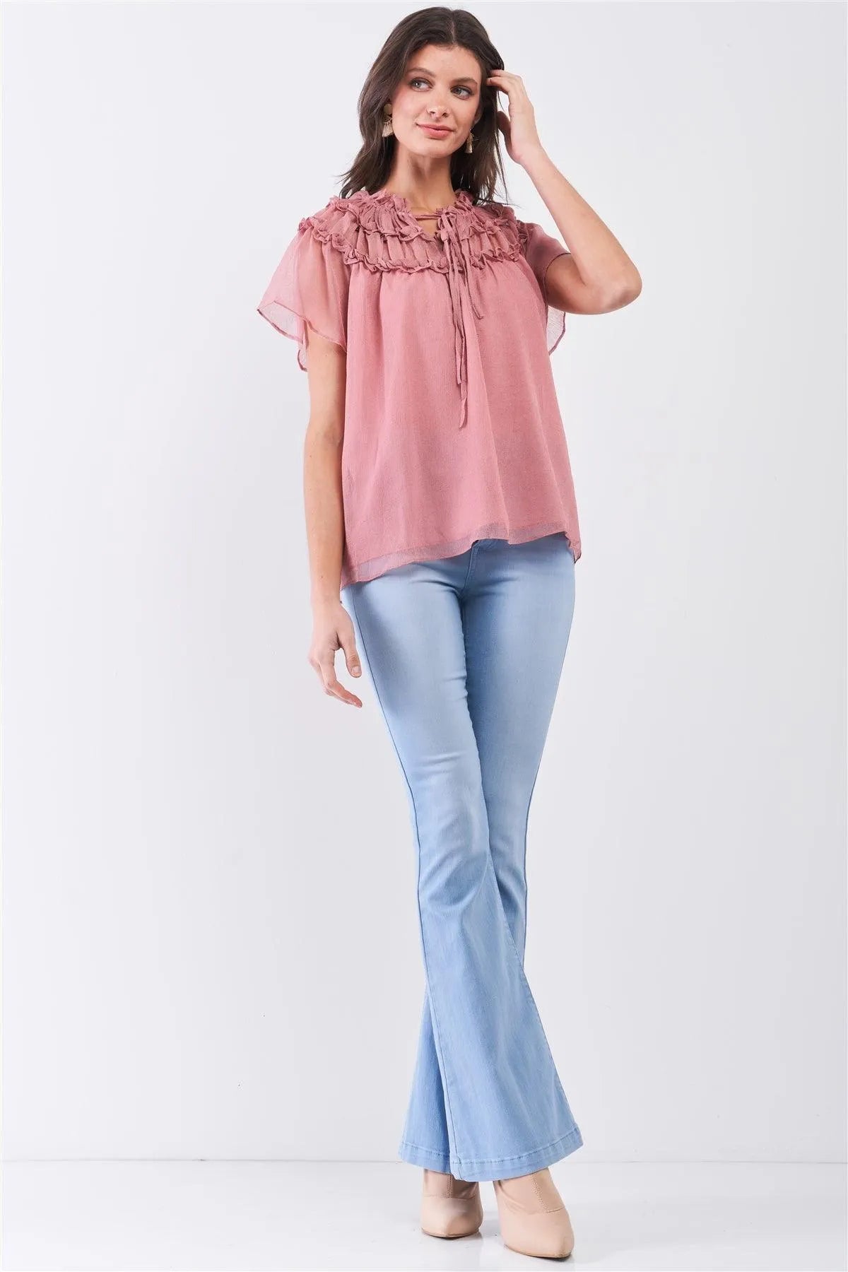 Dusty-Rose Short Angel Sleeve Ruffle Top With Double Self-Tie Drawstring Elasticated Round Neck Loose Fit Top /3-2-1 - Tasha Apparel Wholesale