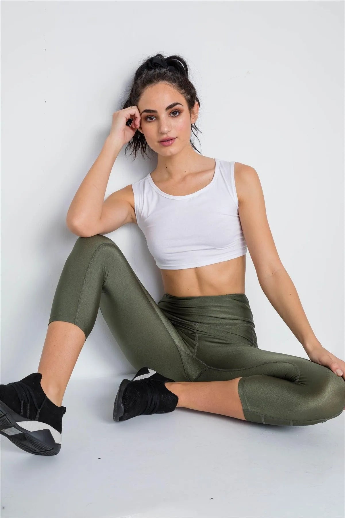 Olive Phone Pocket Capri Mash Detail Active Leggings - Tasha Apparel Wholesale