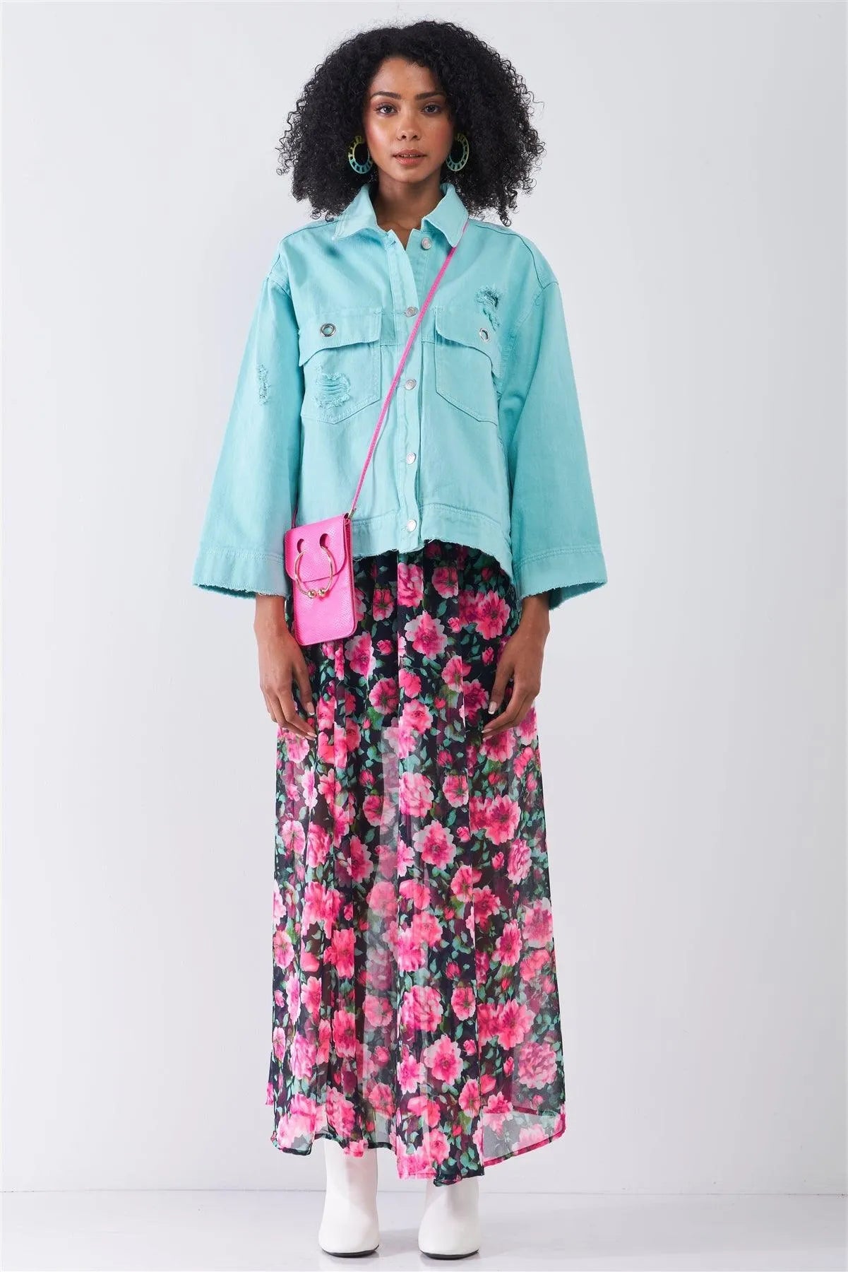 Pink Gardenia Floral Print High Waist Semi-Sheer Maxi Skirt /1-2-2-1 - Tasha Apparel Wholesale