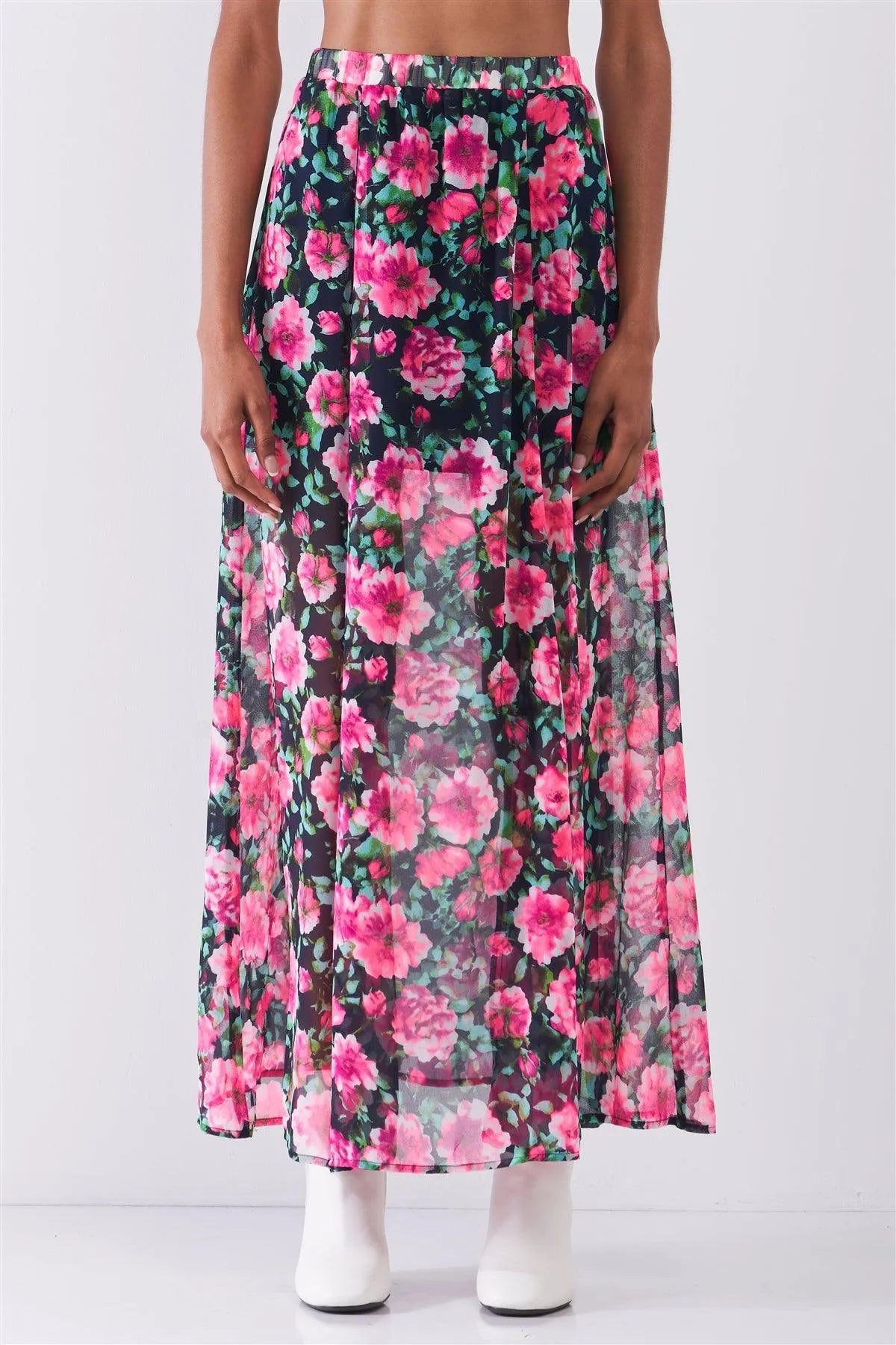 Pink Gardenia Floral Print High Waist Semi-Sheer Maxi Skirt /1-2-2-1-1 - Tasha Apparel Wholesale