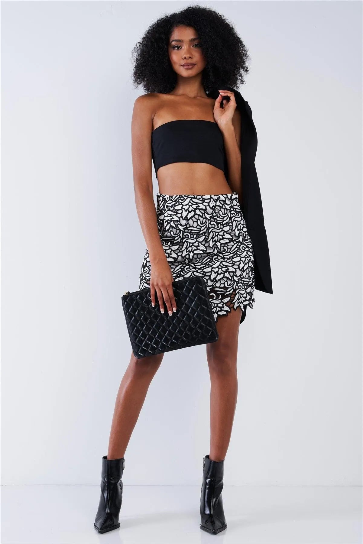 Black And White Crochet Asymmetrical Floral Embroidered High Waisted Tight Fit Lined Mini Skirt /1-2-2-1 - Tasha Apparel Wholesale