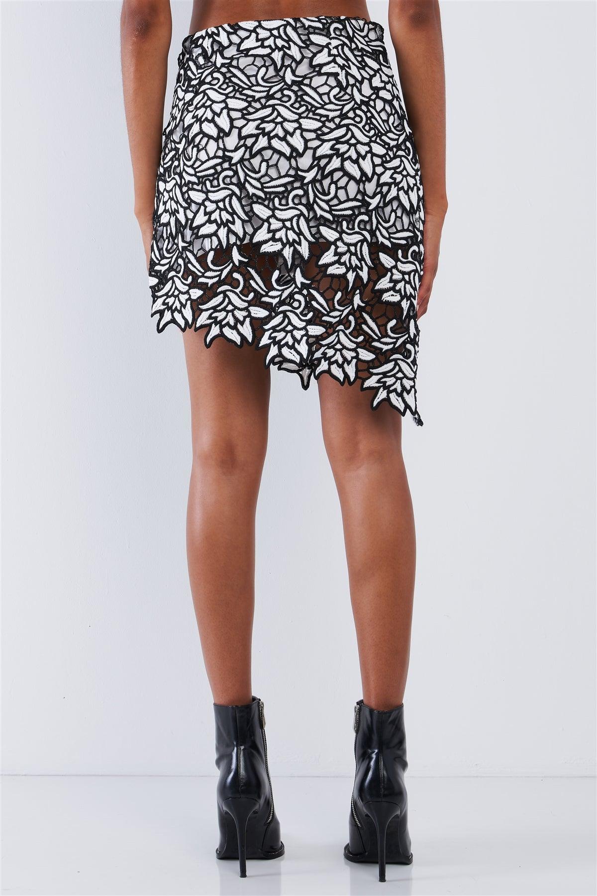 Black And White Crochet Asymmetrical Floral Embroidered High Waisted Tight Fit Lined Mini Skirt