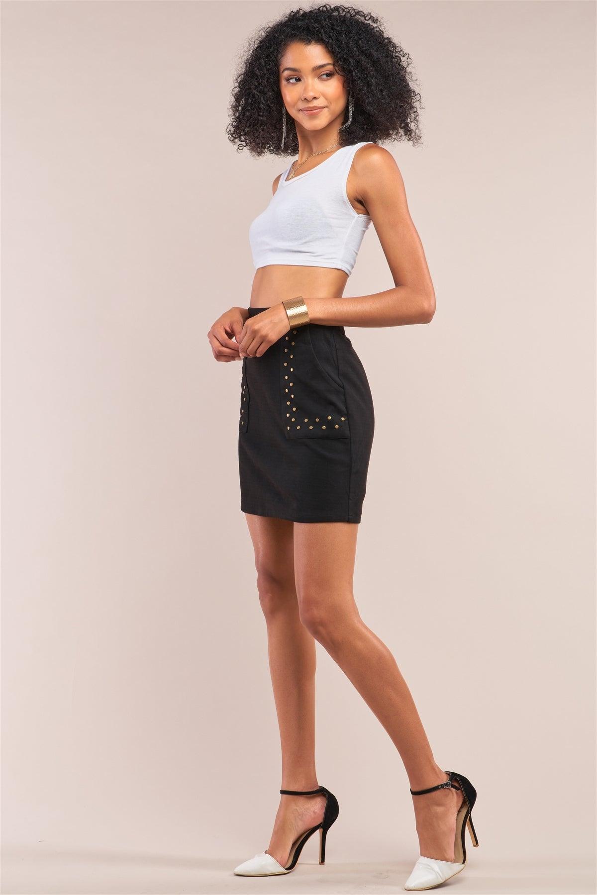 Black Faux Suede High Waist Studded Detail A-Line Mini Skirt