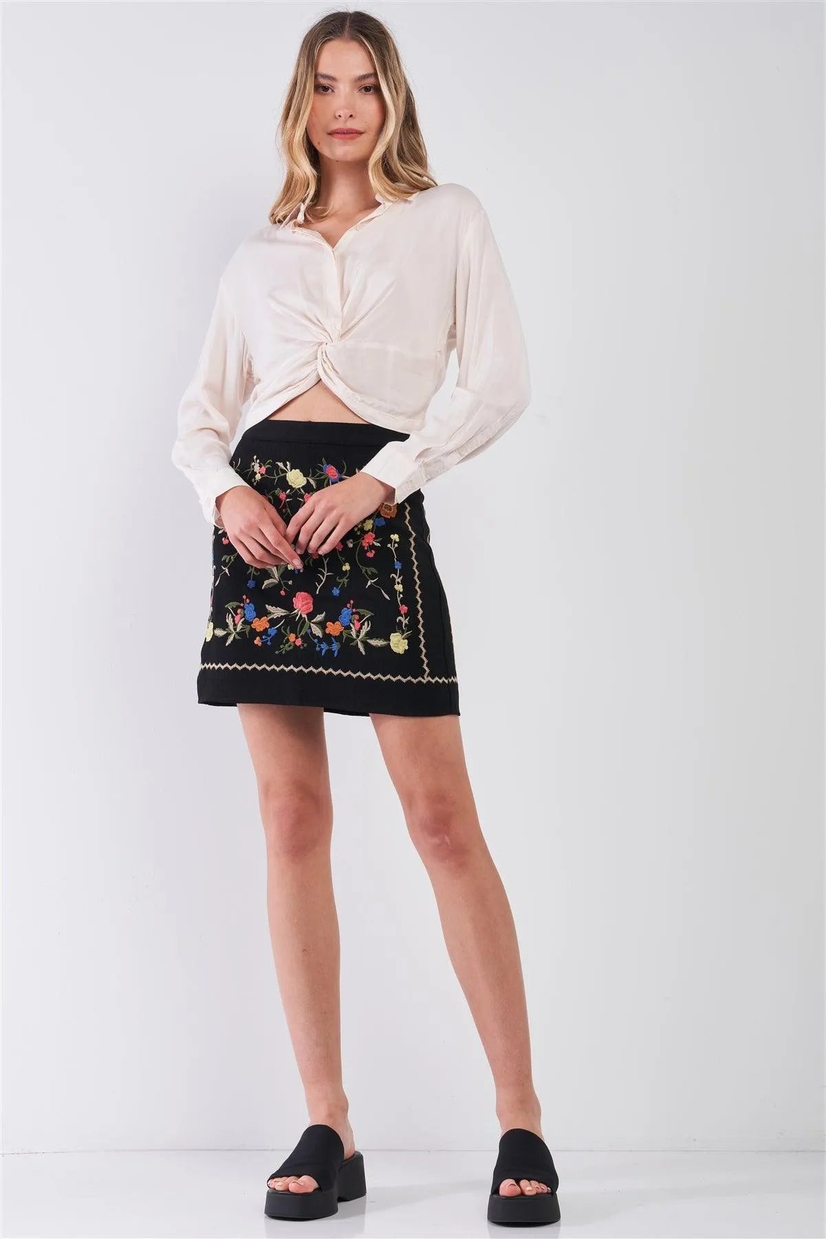 Black Multicolor Floral Embroidery Trim High Waist Mini Skirt /1-2-2-1 - Tasha Apparel Wholesale