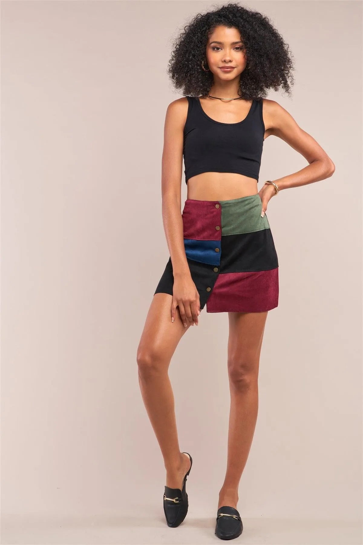 Color Block Front Suede High Waisted Button Up Mini Skirt /2-2-2 - Tasha Apparel Wholesale