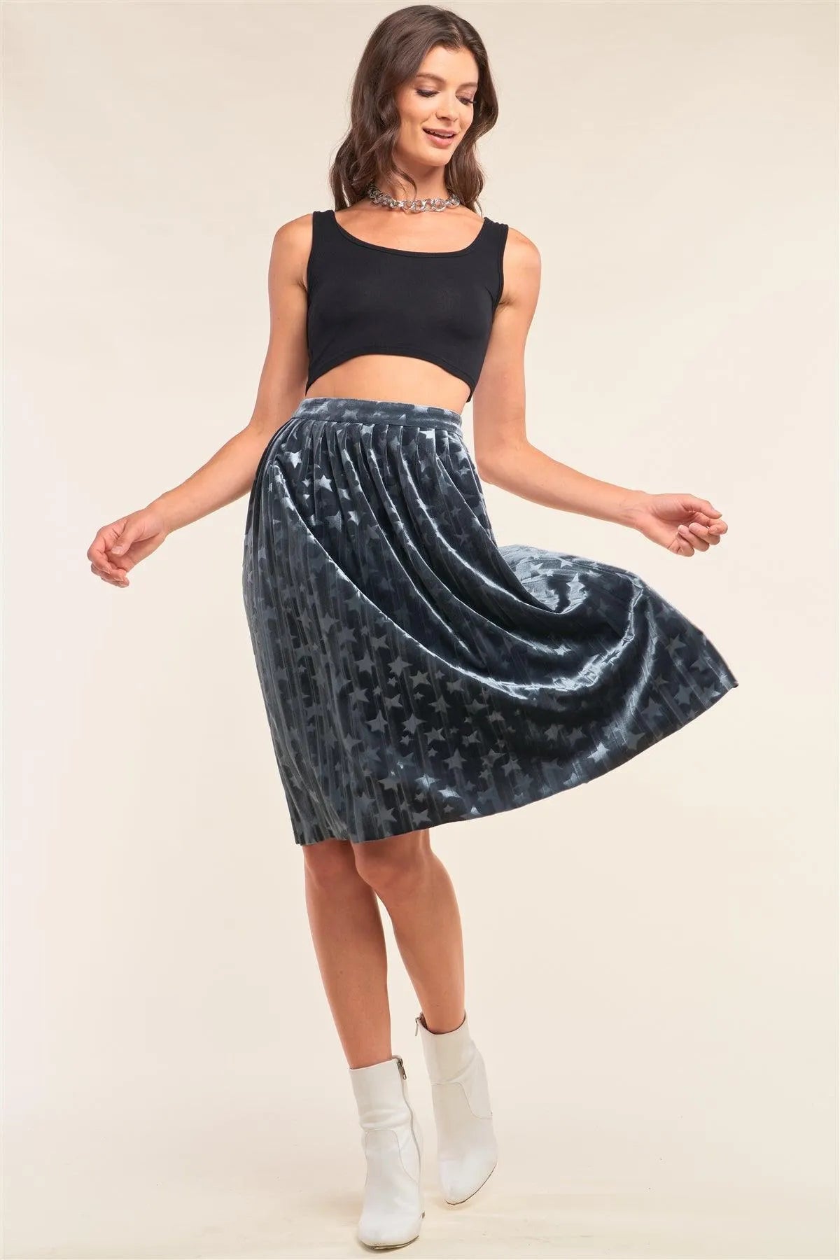 Starstruck Dusty Blue Velvet Star Print High Waisted Pleated Midi Skirt /1-2-2-1 - Tasha Apparel Wholesale