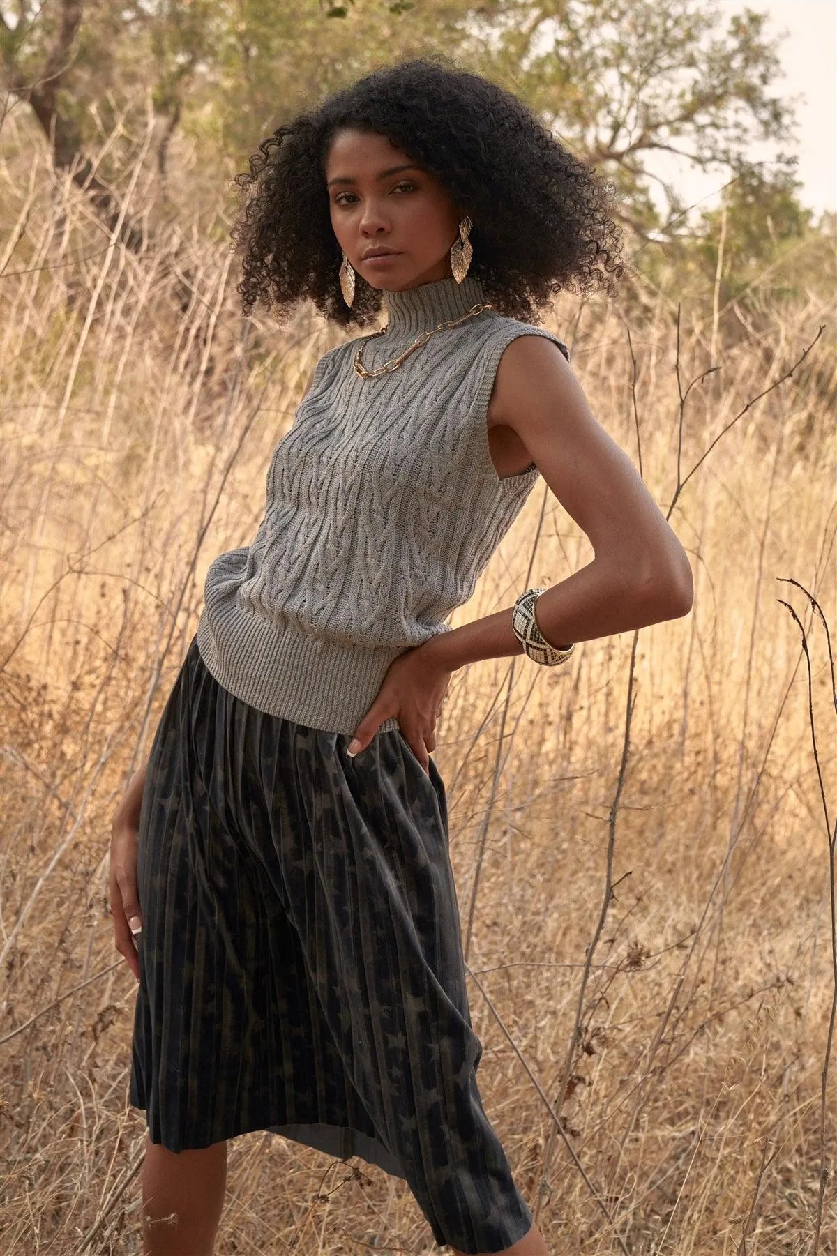 Starstruck Dusty Blue Velvet Star Print High Waisted Pleated Midi Skirt /2-2-2 - Tasha Apparel Wholesale