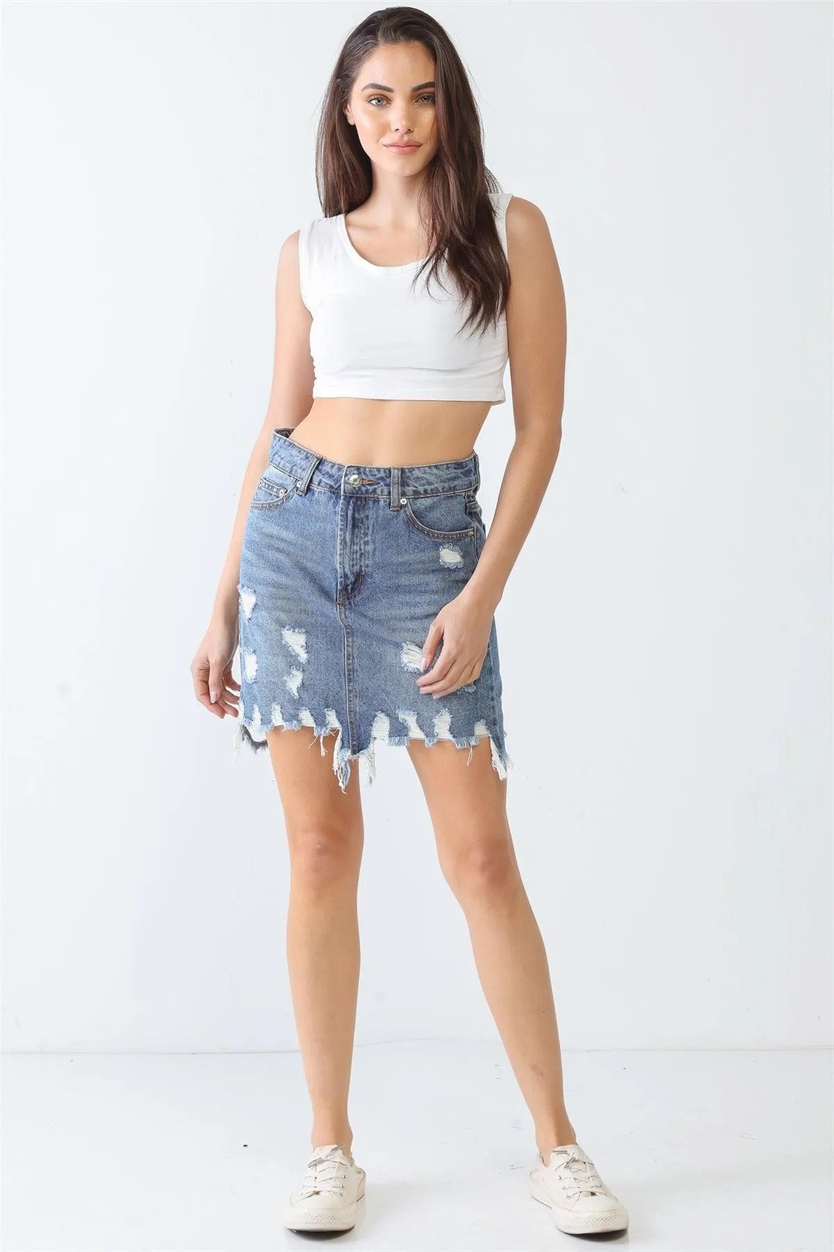 Denim Cotton Five Pocket Trim Distressed Torn Hem High Waist Mini Skirt - Tasha Apparel Wholesale