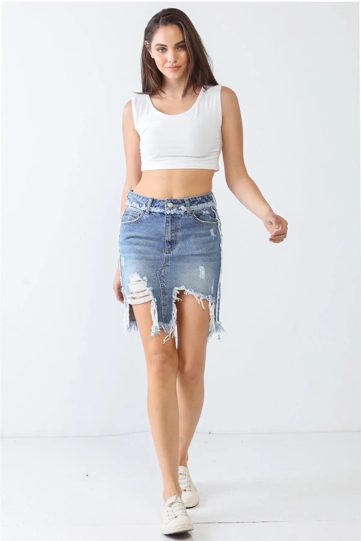 Denim Cotton Trim Torn Hem High Waist Mini Skirt - Tasha Apparel Wholesale