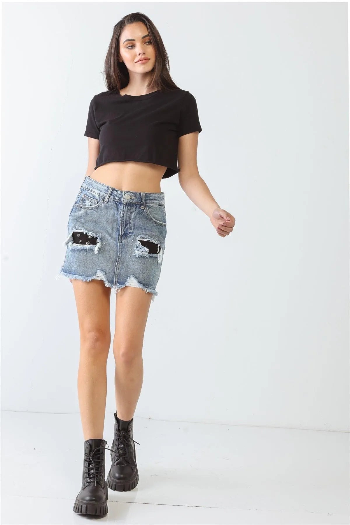 Distressed Trim High Waist Mini Denim Skirt - Tasha Apparel Wholesale