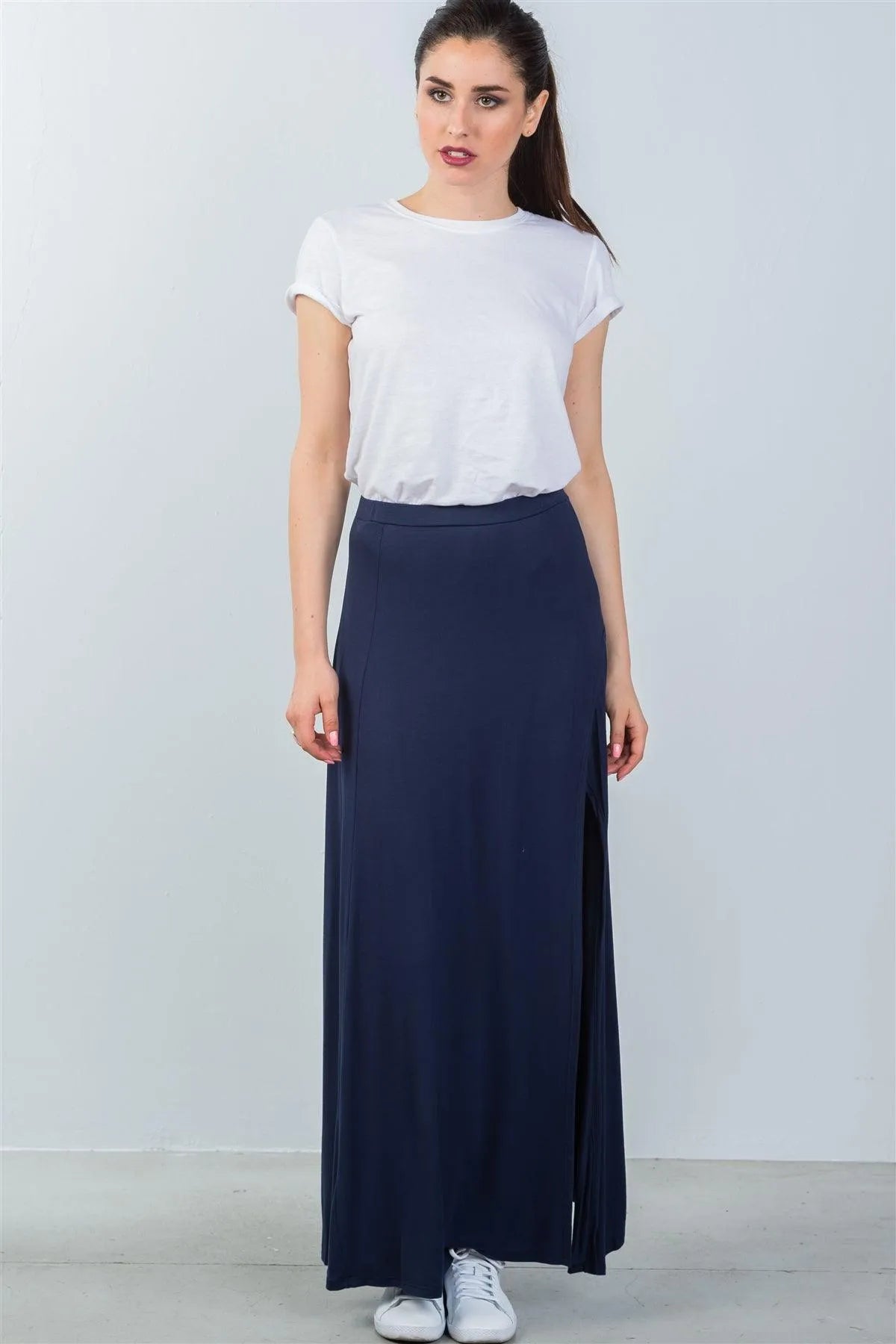 Navy Side Slit Long Skirt /3-2-1 - Tasha Apparel Wholesale
