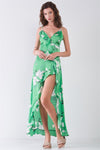 Green Satin Floral Print Sleeveless V-Neck Self-Tie Back Ruffle Trim Side Slit Detail Maxi Dress