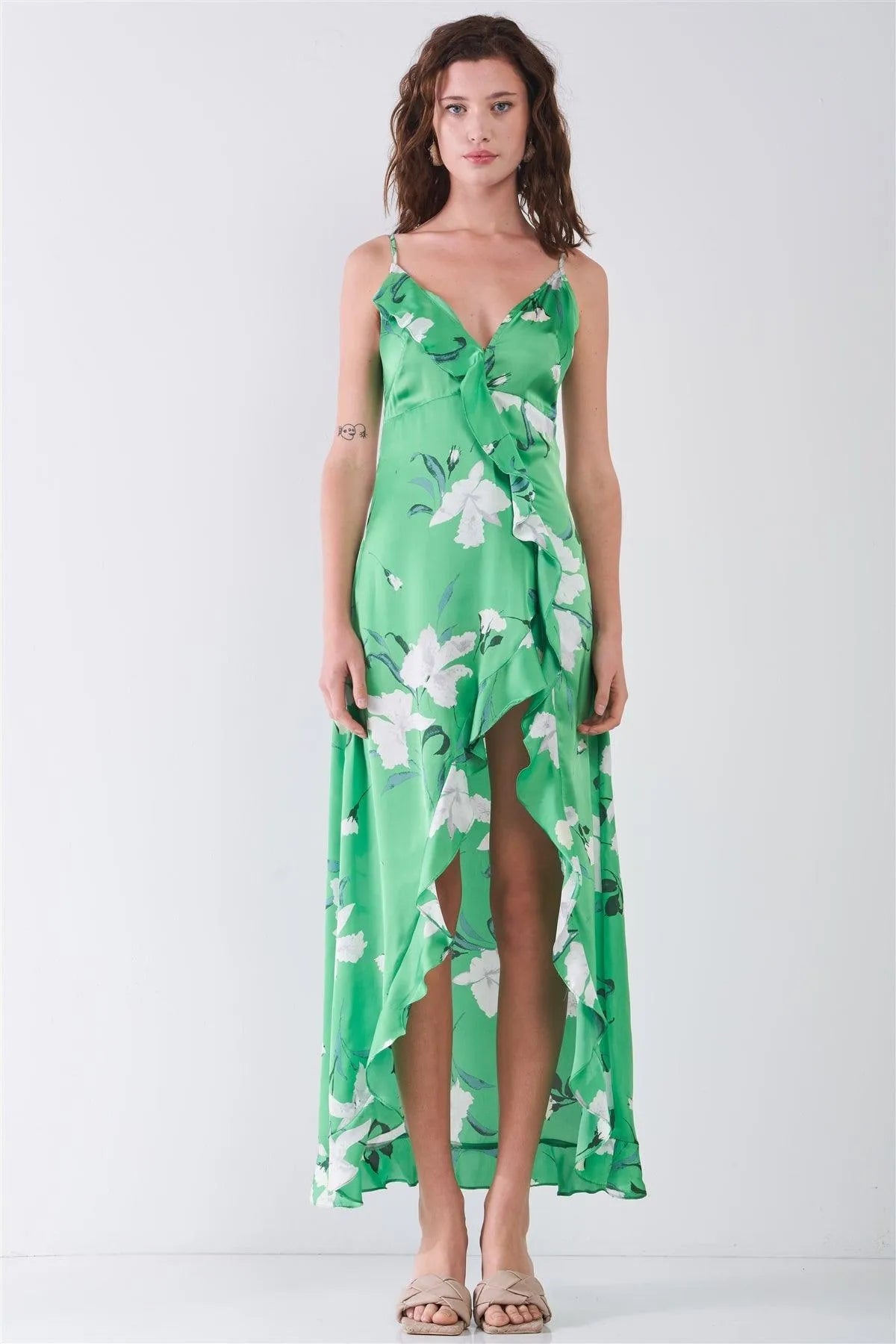 Green Satin Floral Print Sleeveless V-Neck Self-Tie Back Ruffle Trim Side Slit Detail Maxi Dress - Tasha Apparel Wholesale