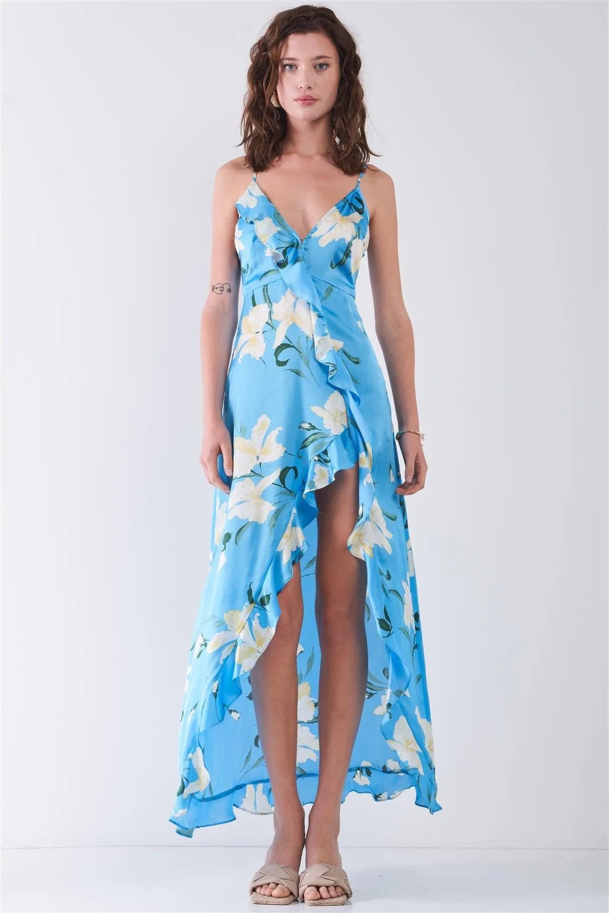 Sky Blue Satin Floral Print Sleeveless V-Neck Self-Tie Back Ruffle Trim Side Slit Detail Maxi Dress /3-2-1 - Tasha Apparel Wholesale