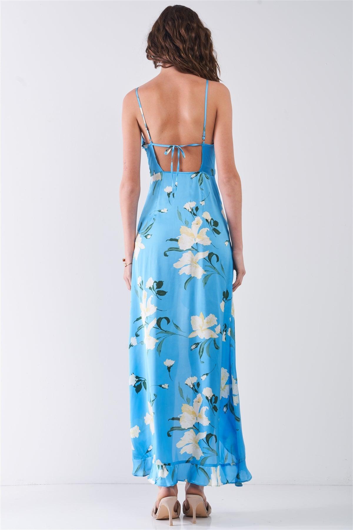 Sky Blue Satin Floral Print Sleeveless V-Neck Self-Tie Back Ruffle Trim Side Slit Detail Maxi Dress