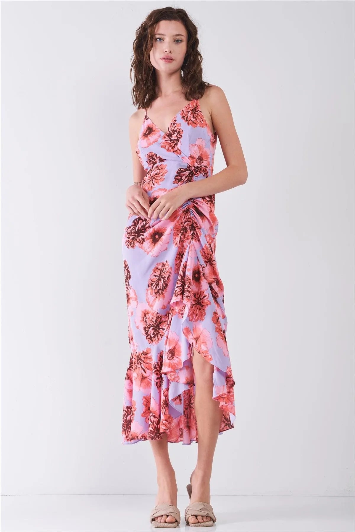 Coral & Lilac Floral Print Sleeveless V-Neck Gathered Side Detail Ruffle Hem Midi Dress /3-2-1 - Tasha Apparel Wholesale