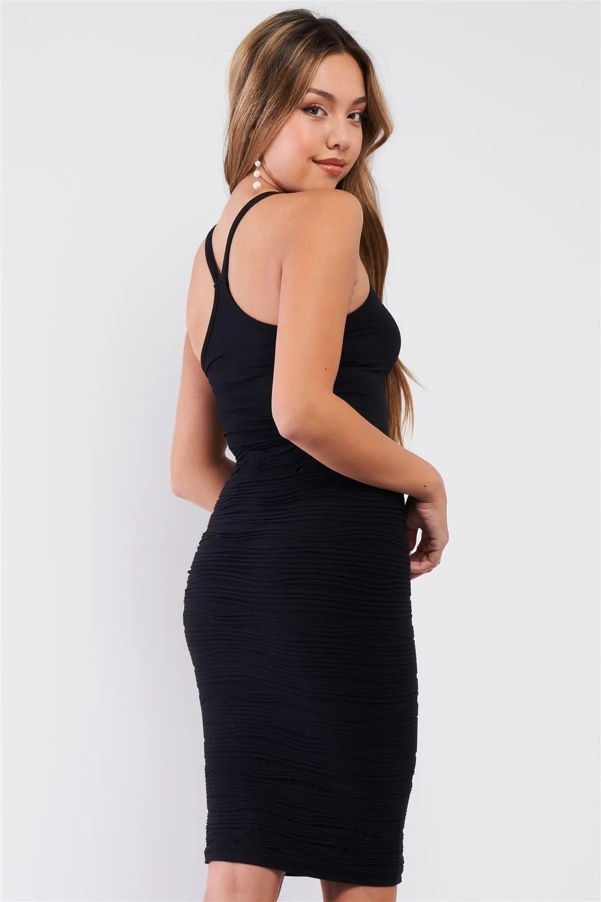 Black High Waisted Horizontal Wavy Pleated Pencil Skirt /3-3 - Tasha Apparel Wholesale