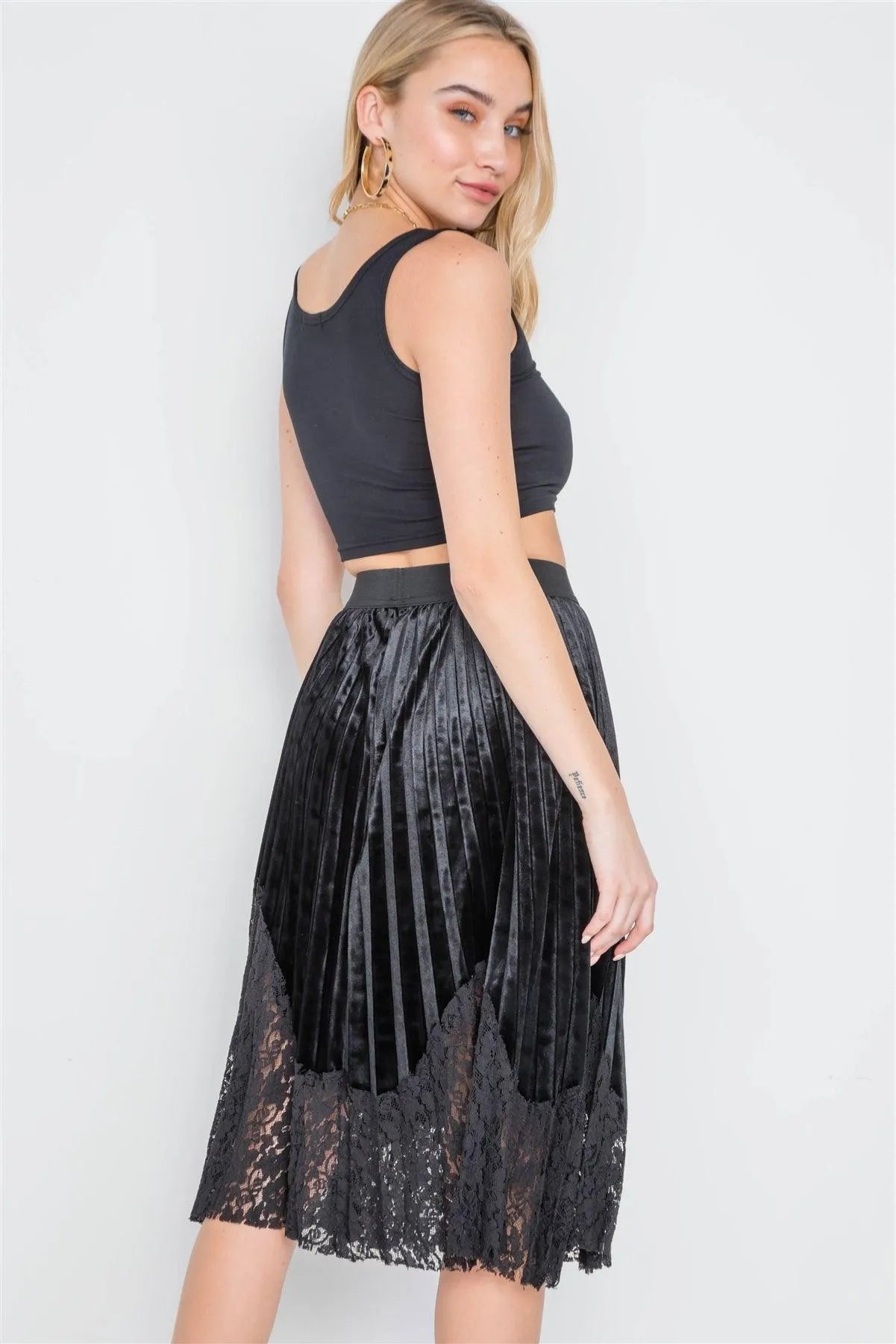 Black Velvet High-Waist Pleated Combo Lace Skirt /1-2-2-1 - Tasha Apparel Wholesale