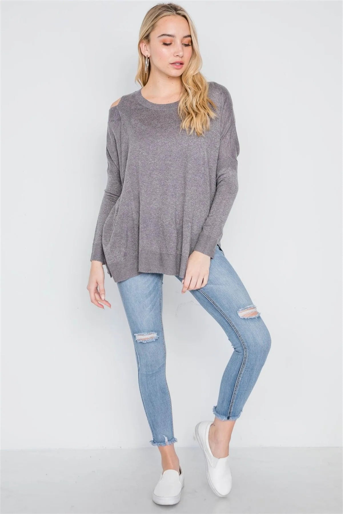 Dust Loose Fit Long Sleeve Cut-Out Sweater /2-2-2 - Tasha Apparel Wholesale