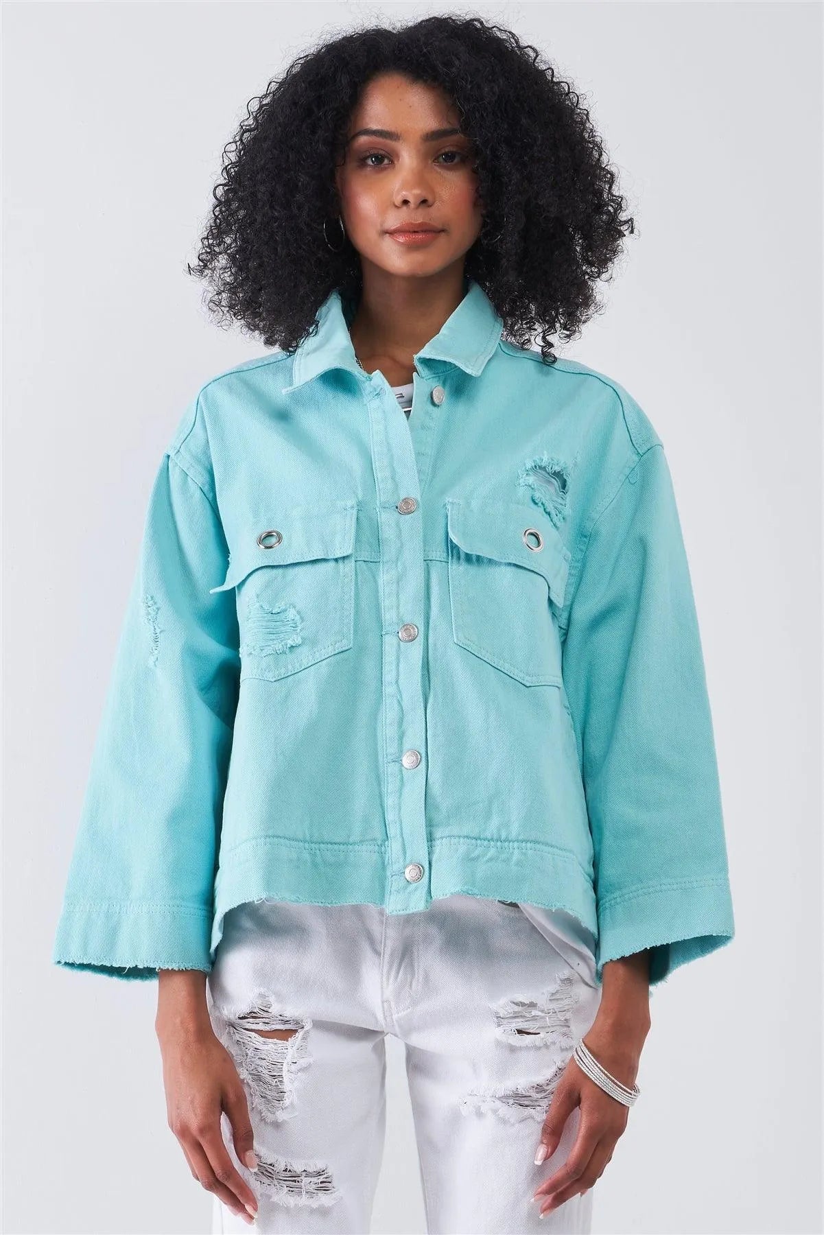 Washed Mint Distressed Button-Down Front Raw Hem Detail Wide Sleeve Oversized Denim Jacket /3-2 - Tasha Apparel Wholesale