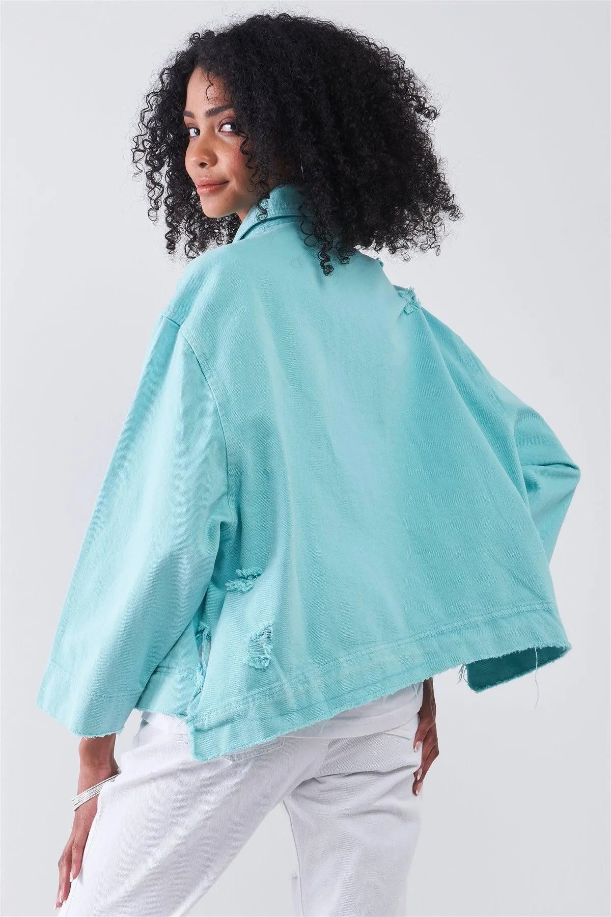Washed Mint Distressed Button-Down Front Raw Hem Detail Wide Sleeve Oversized Denim Jacket /3-3 - Tasha Apparel Wholesale