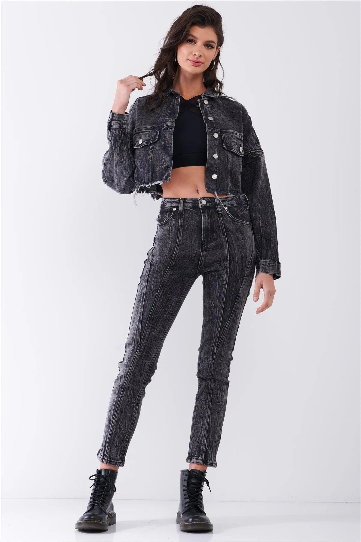 Washed Black Wrinkled Denim Raw Hem Detachable Balloon Sleeve Detail Button-Down Convertible Cropped Jacket /3-2-1 - Tasha Apparel Wholesale