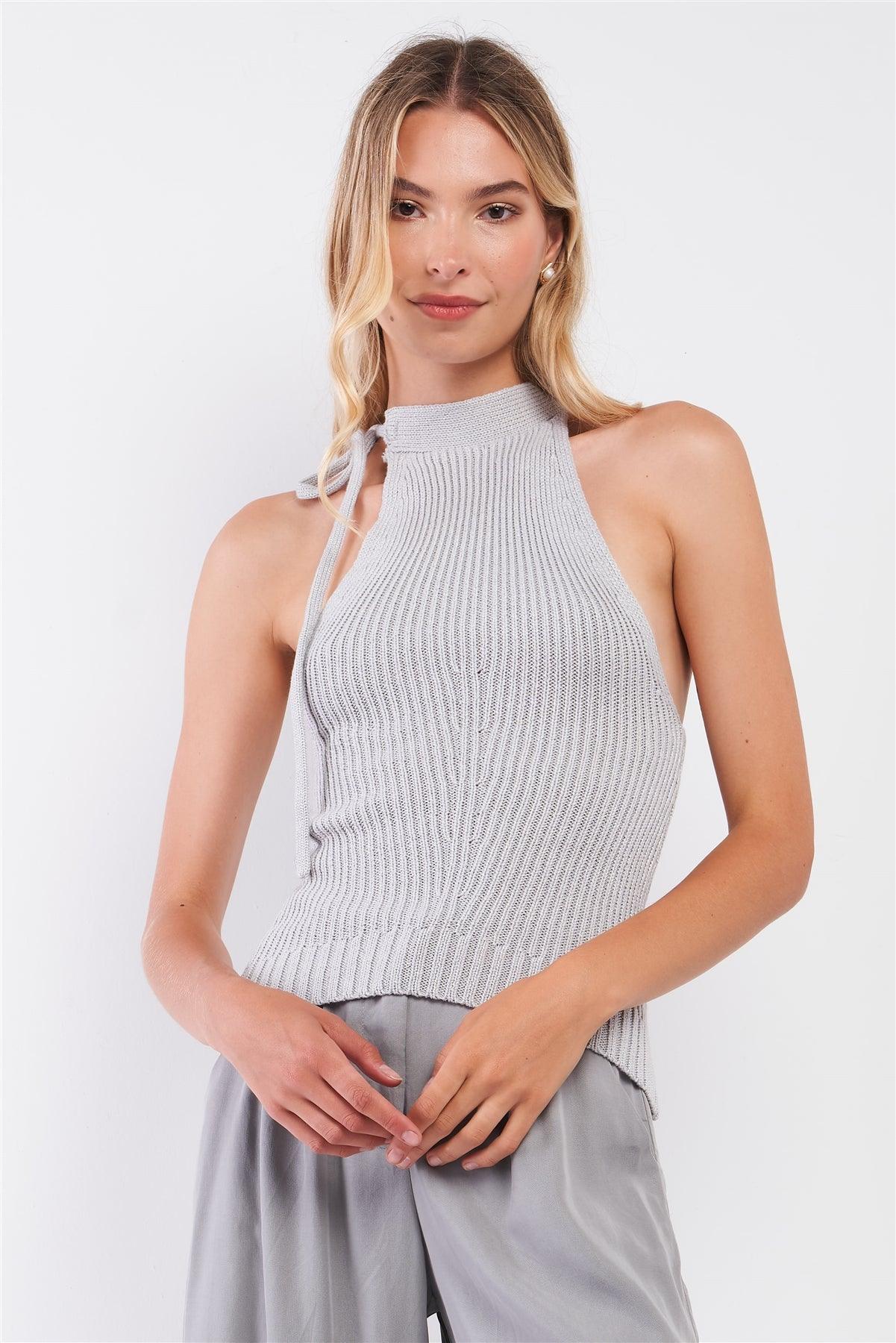 Silver Grey High Neck With Self-Tie Detail On The Side Sleeveless Ribbed Knit Top