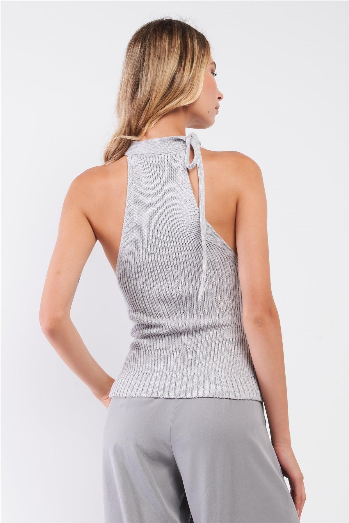 Silver Grey High Neck With Self-Tie Detail On The Side Sleeveless Ribbed Knit Top
