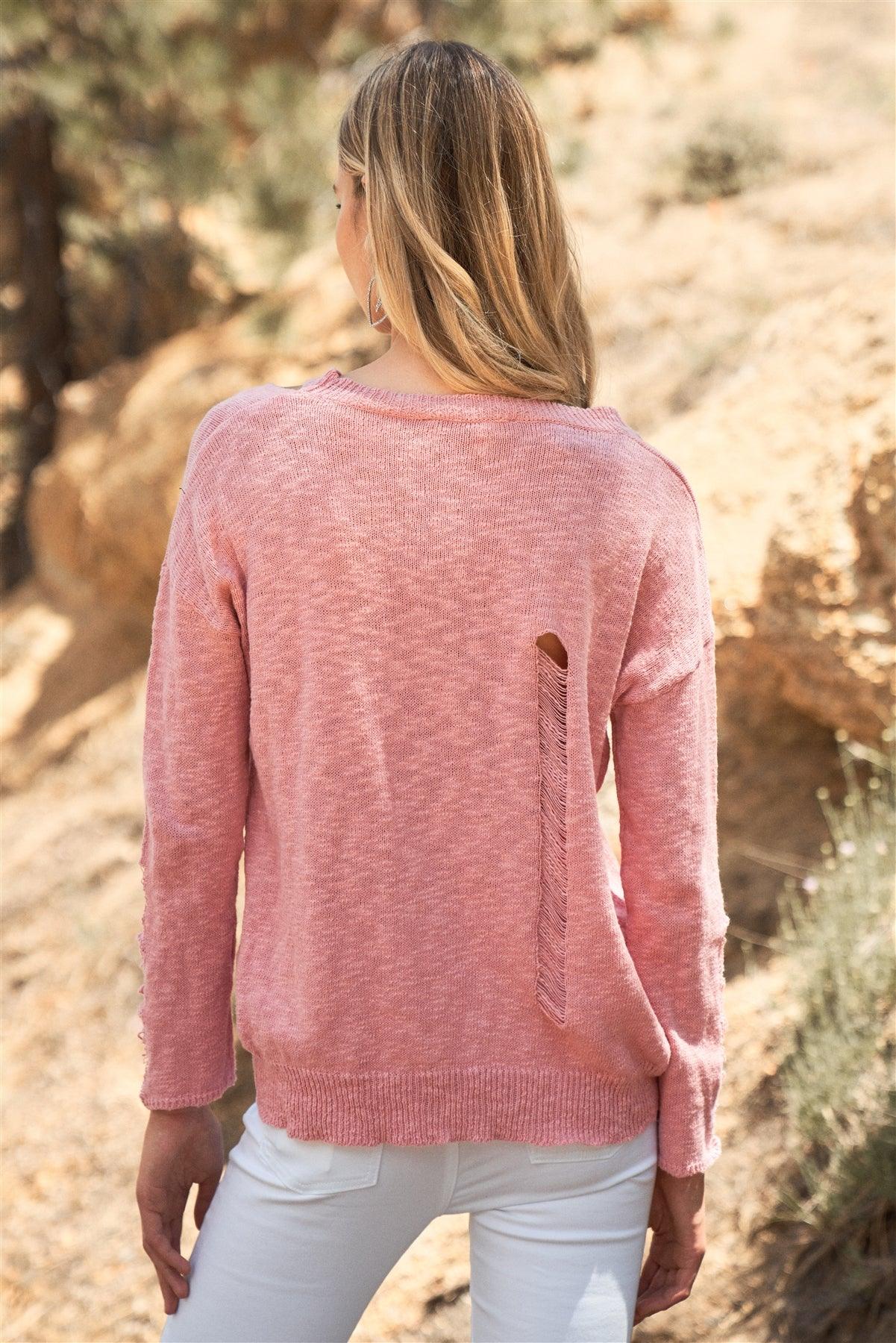 Rose Pink Knit Ruined Detail Long Sleeve Distressed Sweater Top