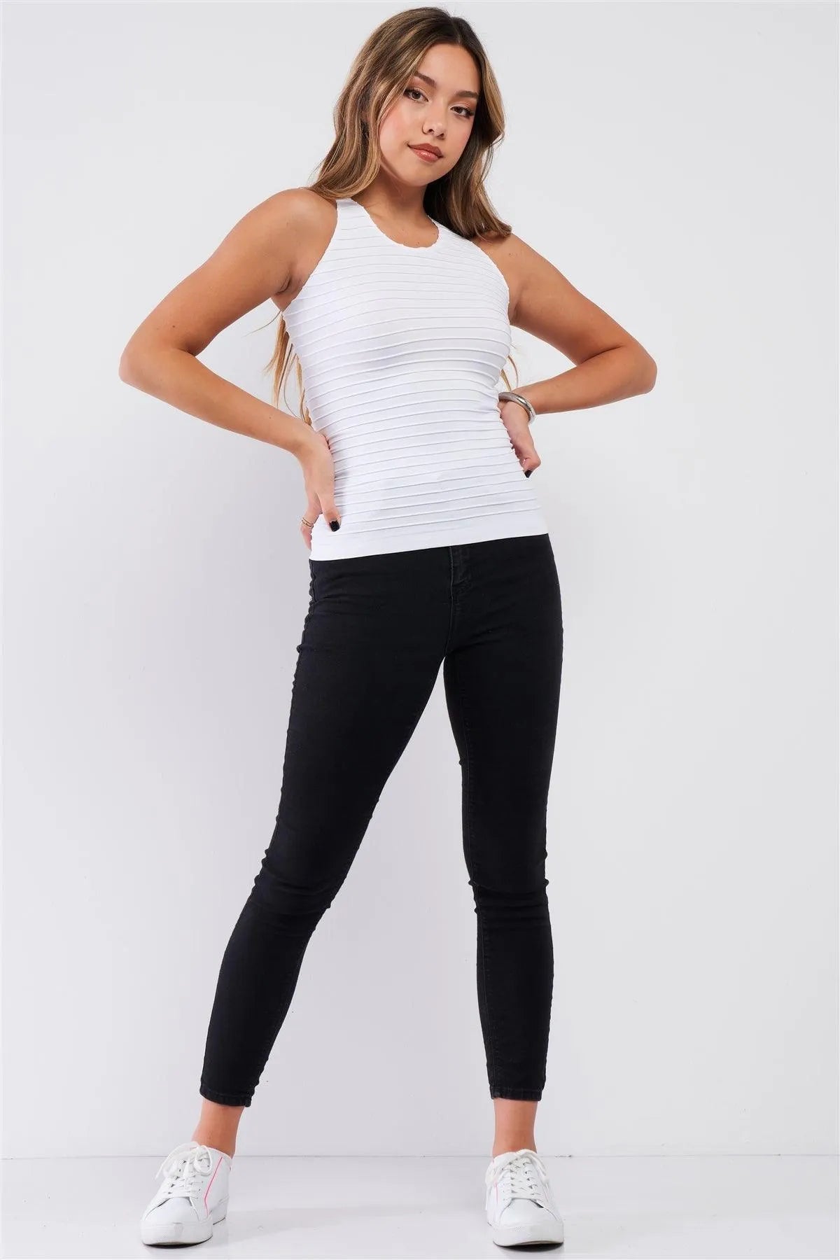 White Sleeveless Round Neck Horizontal Pleated Detail Fitted Tank Top /3-3 - Tasha Apparel Wholesale