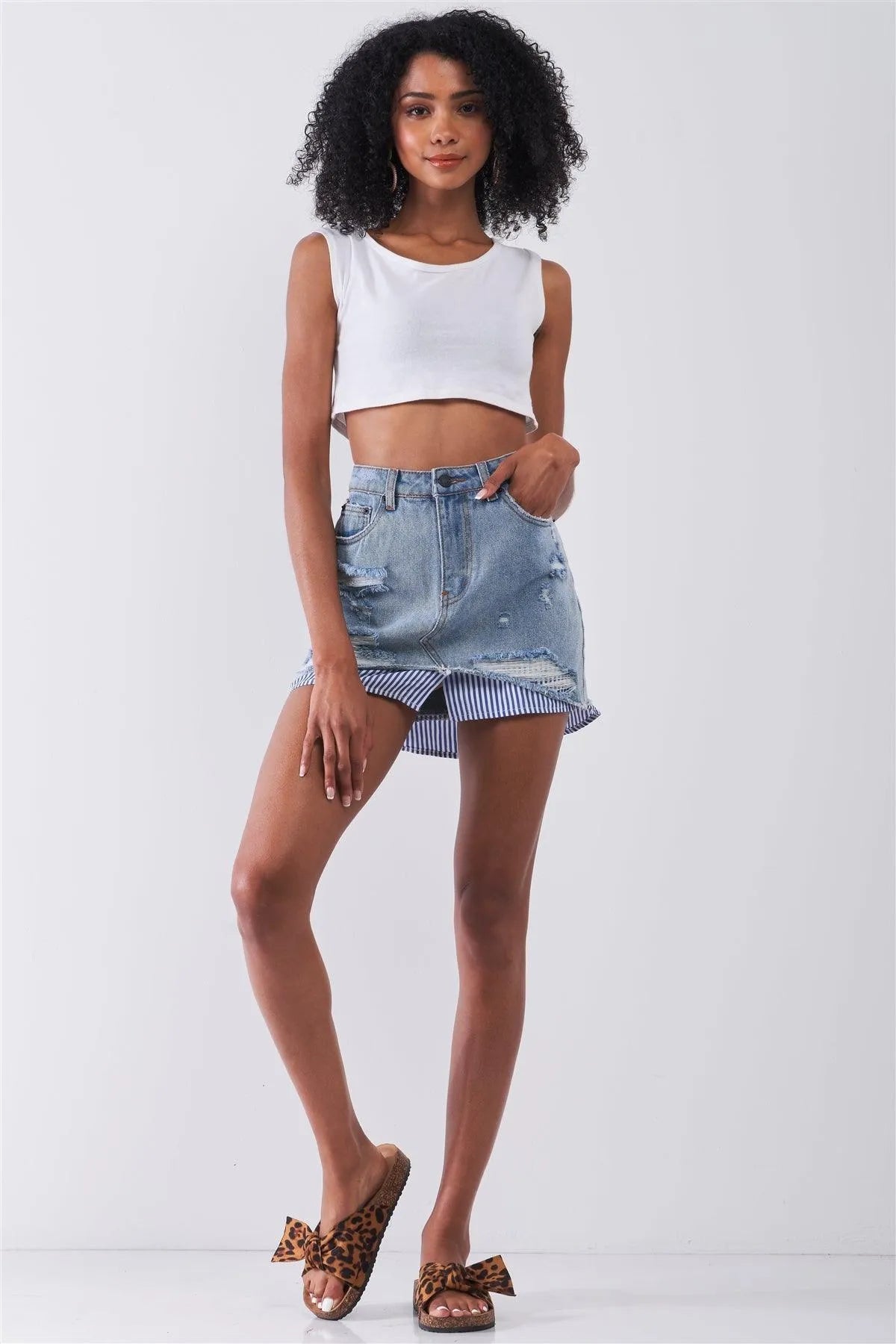 Washed Light Denim Combo High Waist Distressed Raw Hem Striped Underlining Detail Mini Skirt /3-1-1 - Tasha Apparel Wholesale