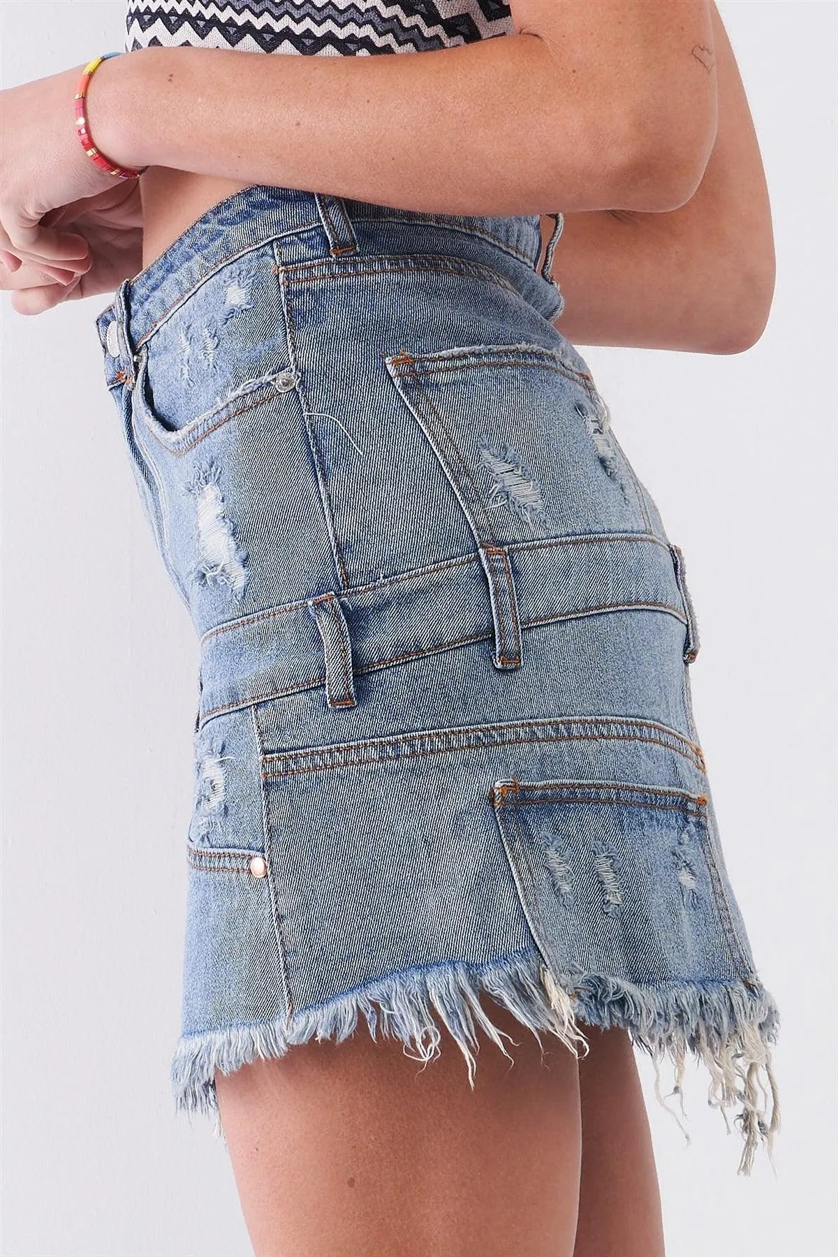 Medium Blue Denim High-Waist Distressed Effect Asymmetrical Trim Raw Hem Detail Mini Skirt /2-2-1 - Tasha Apparel Wholesale
